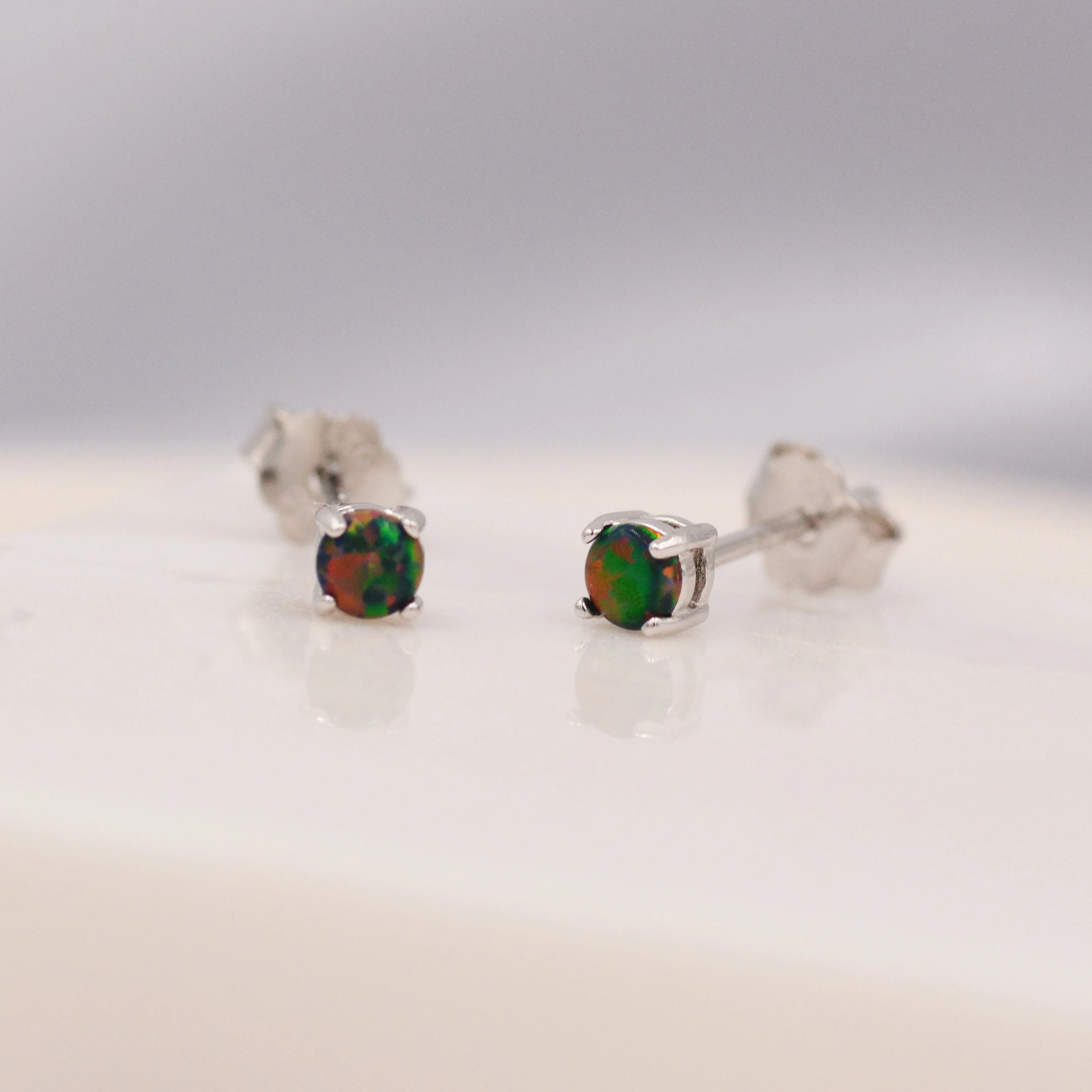 Black Opal Stud Earrings in Sterling Silver - 3 sizes 3mm 4mm 5mm - Lab Opal Stud Earrings - Semi Precious Gemstone - Image 3