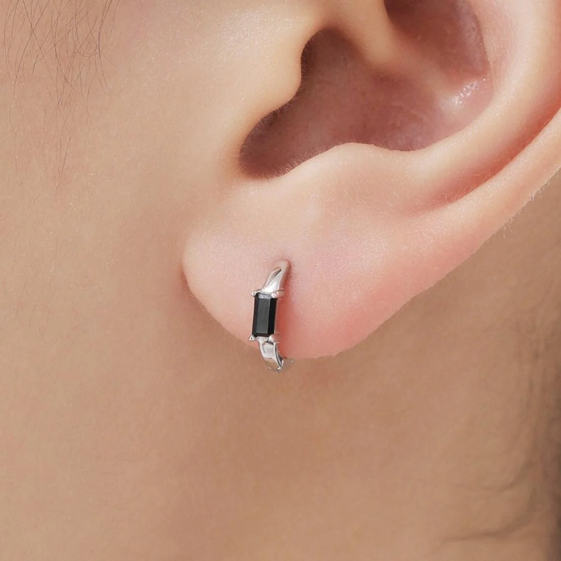 Black Single Baguette Cut CZ Huggie Hoop in Sterling Silver, Silver or Gold, Minimalist Simple Black Hoop Earrings - Image 2
