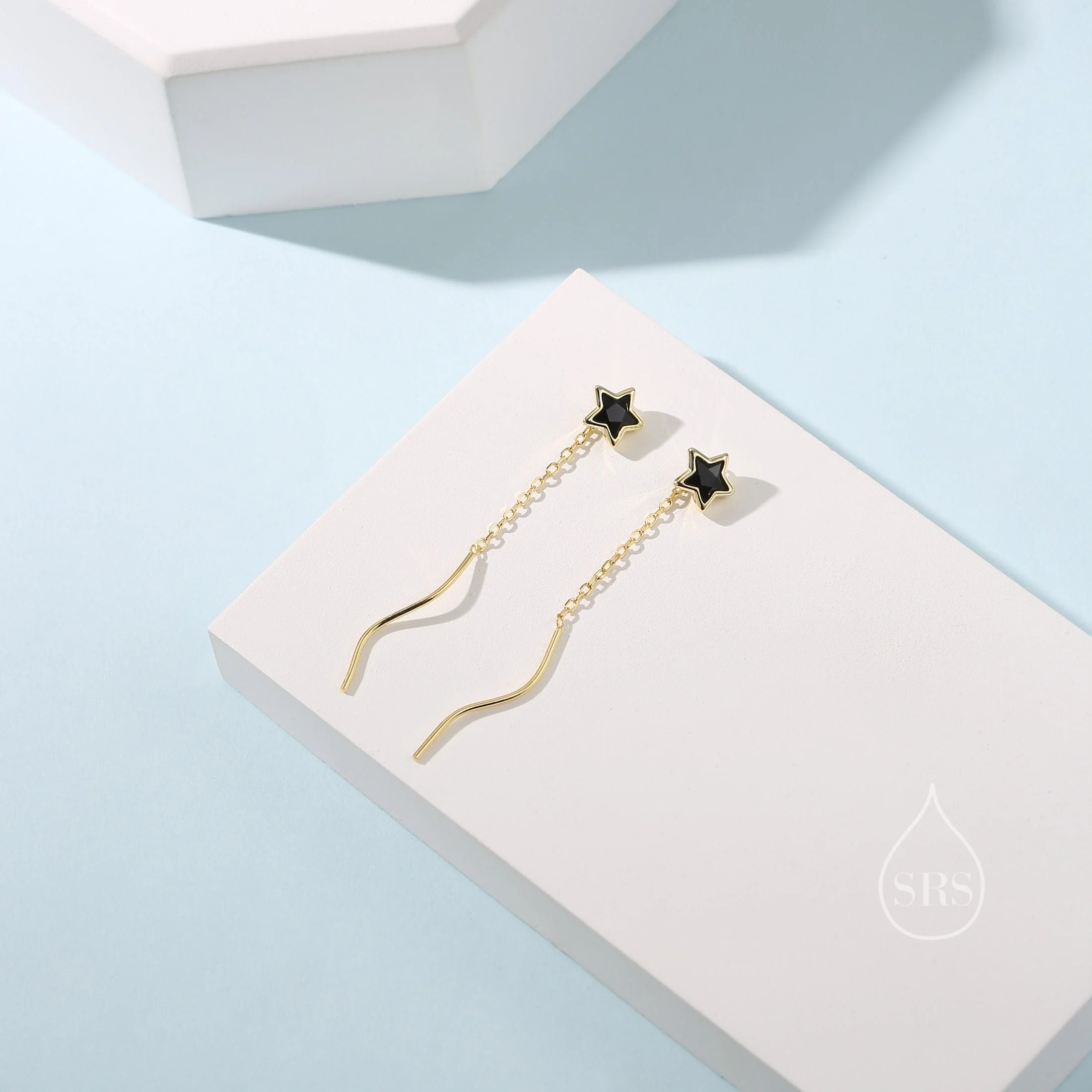 Black Star Bezel CZ Crystal Threader Earrings in Sterling Silver, Silver or Gold, Minimalist Star Cut Ear Threaders - Image 4