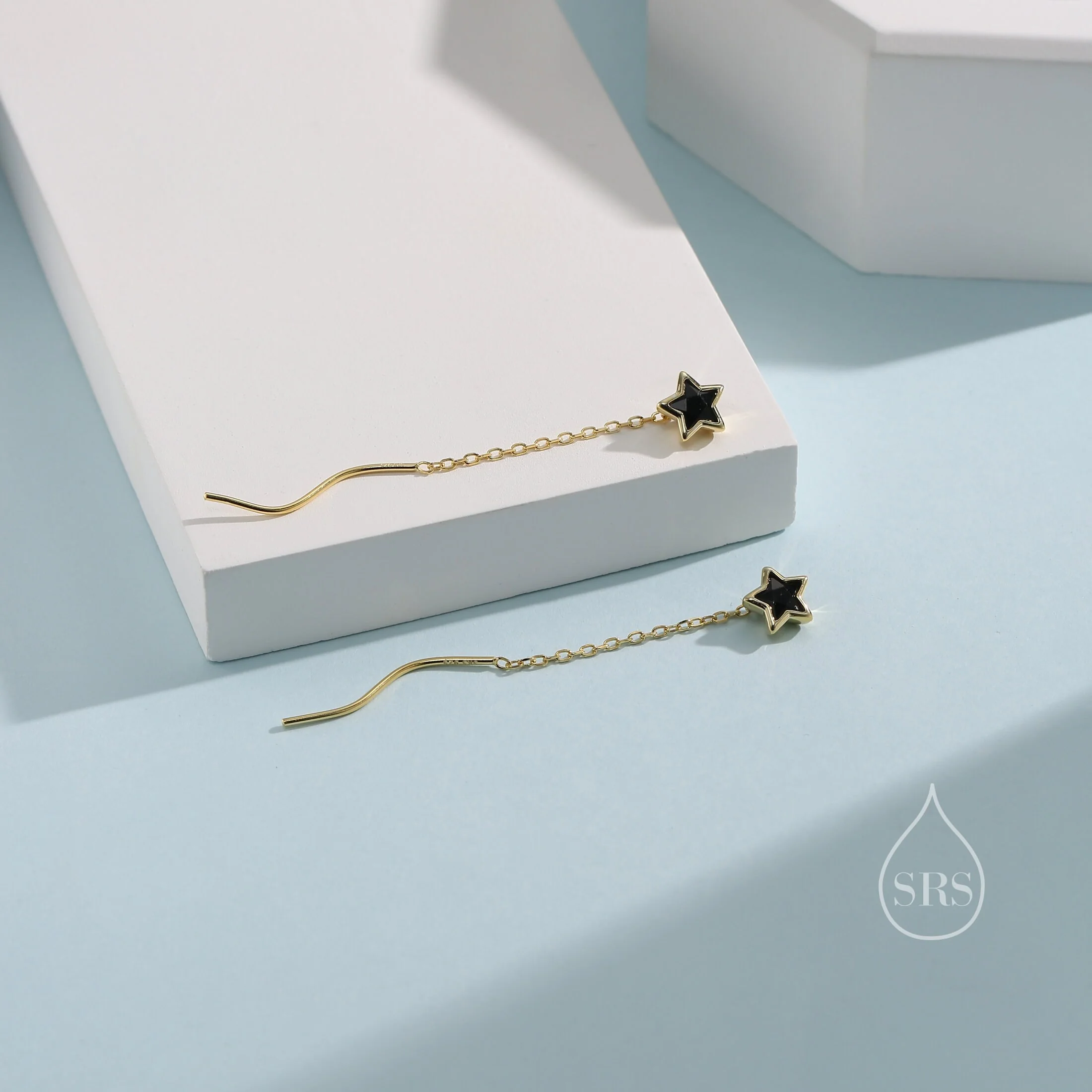 Black Star Bezel CZ Crystal Threader Earrings in Sterling Silver, Silver or Gold, Minimalist Star Cut Ear Threaders - Image 5