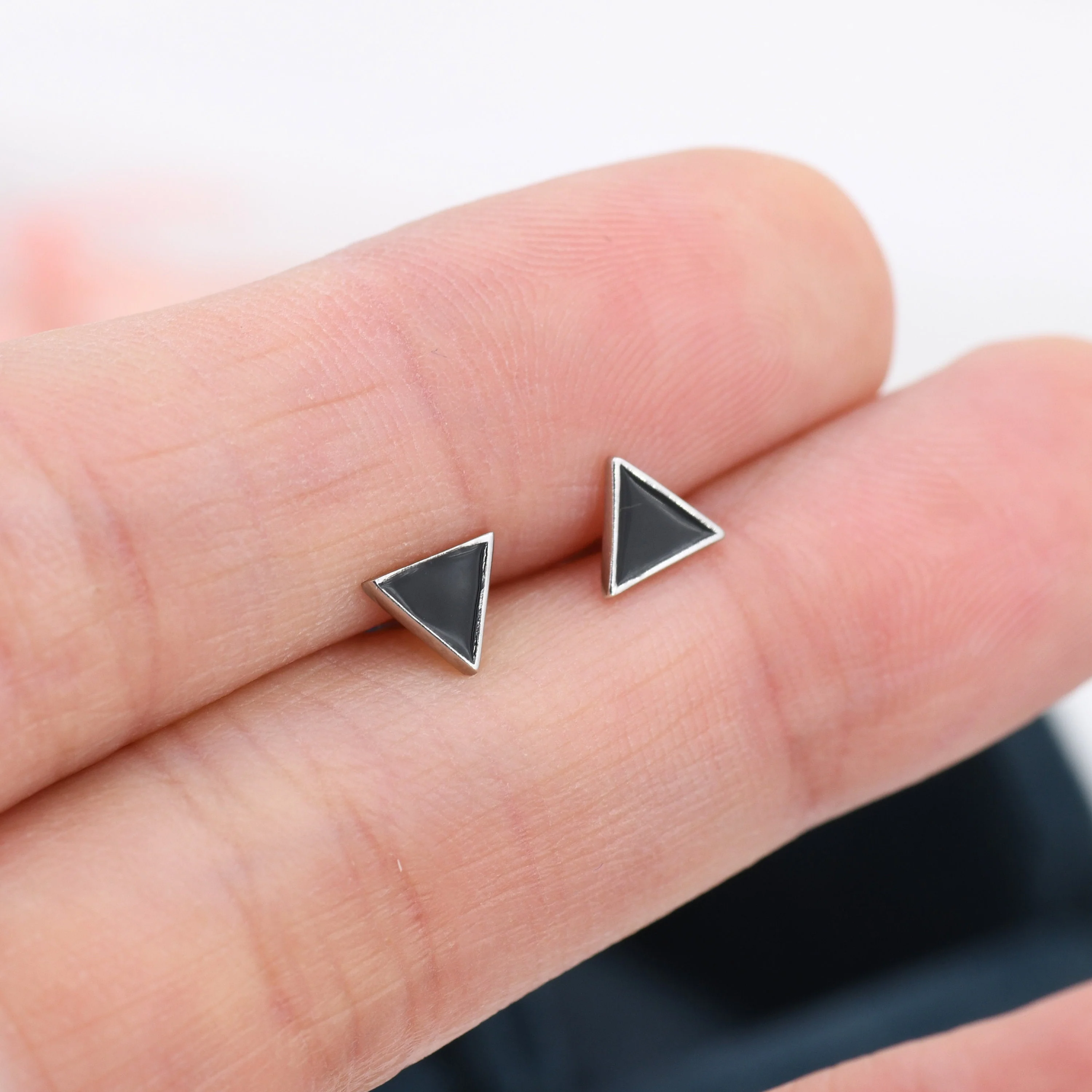 Black Triangle Stud Earrings in Sterling Silver with Hand Painted Enamel, Black Stud, Tiny Triangle Stud - Image 3