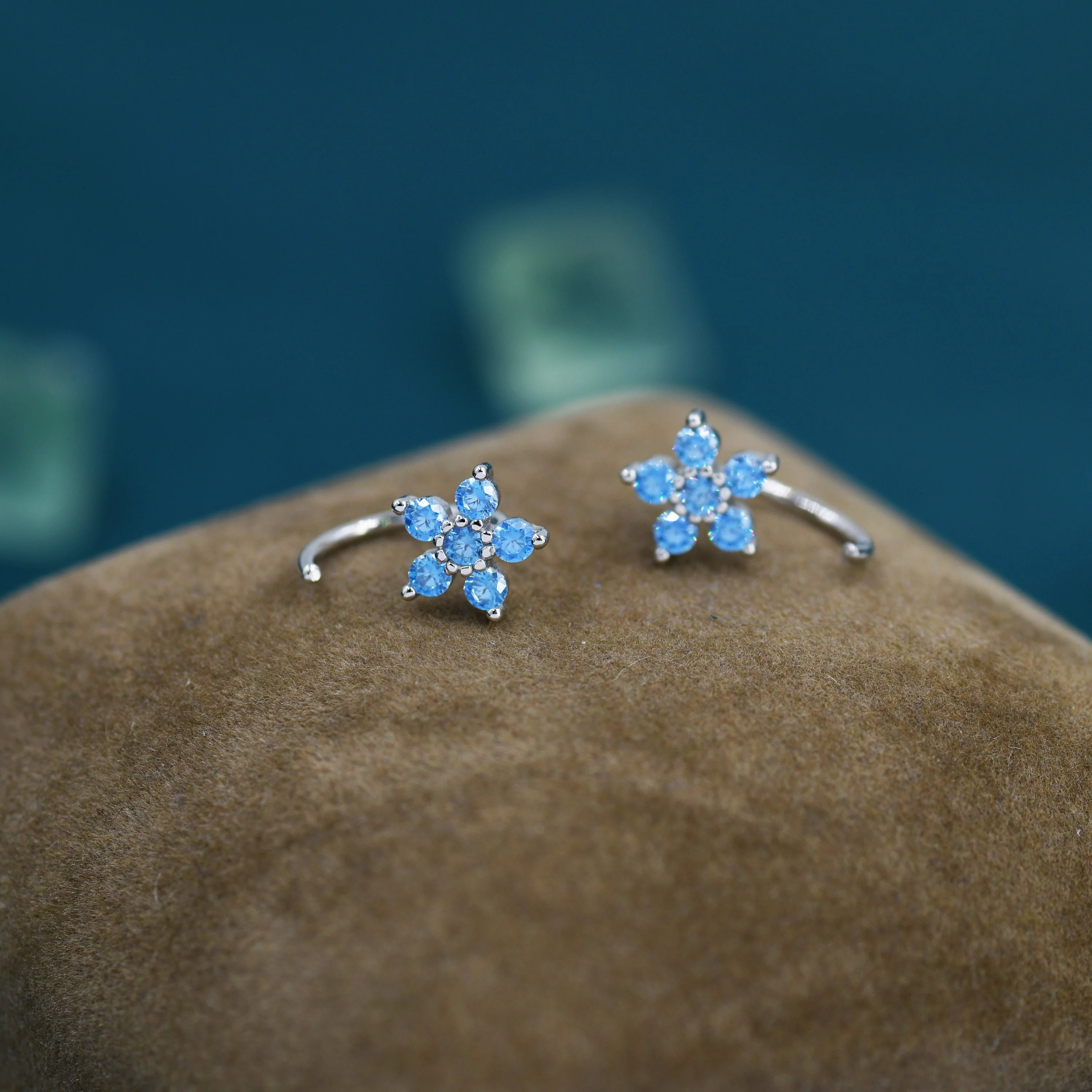 Blue Forget-me-not Flower CZ Huggie Hoop Earrings in Sterling Silver, Curved Post Earrings, Open Hoops, Pull-Through Threader Earrings, - Image 2
