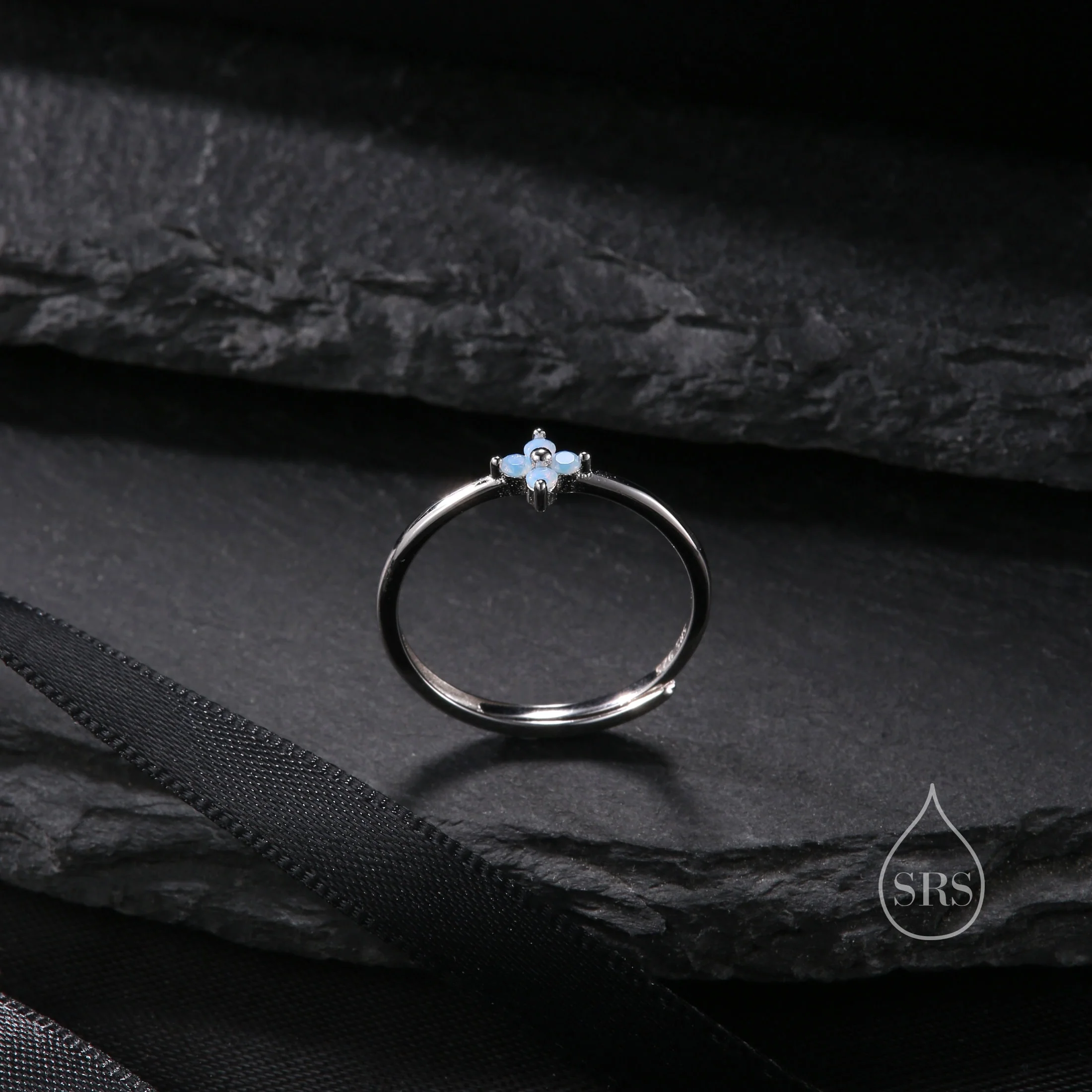 Blue Hydrangea CZ Flower Minimalist Ring in Sterling Silver, Four Crystal Flower Ring, Tiny CZ Ring, Adjustable Size - Image 4