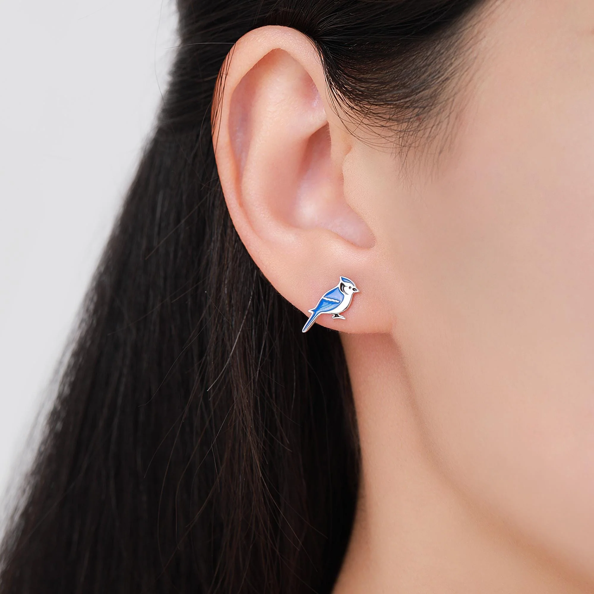 Blue Jay Sterling Silver Stud Earrings, Enamel Coated Blue Jay Bird Earrings, Nature Inspired Animal Earrings - Image 2