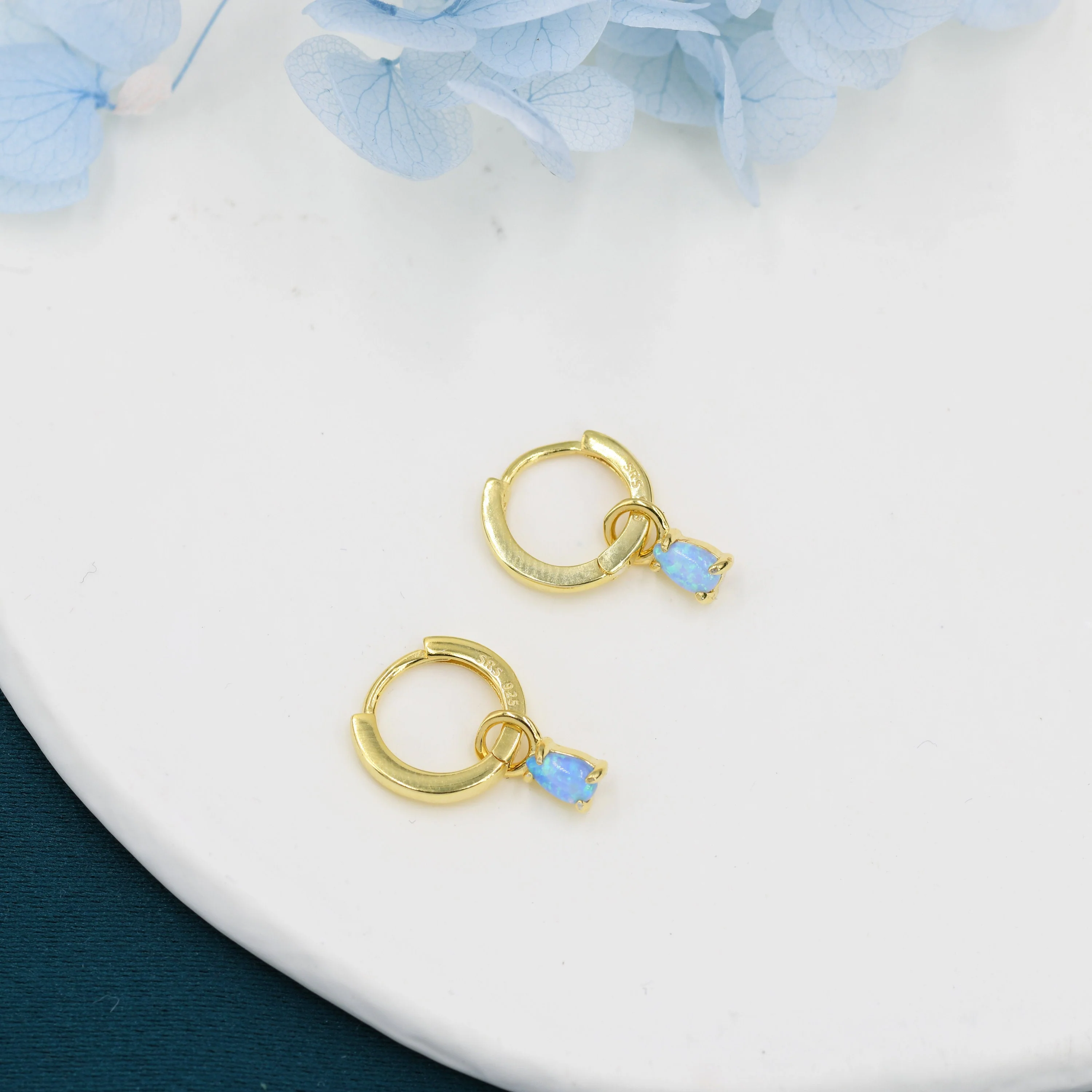 Blue Opal Droplet Huggie Hoop Earrings in Sterling Silver,  Prong Set, Lab Opal Hoops, Silver or Gold,  Detachable - Image 7