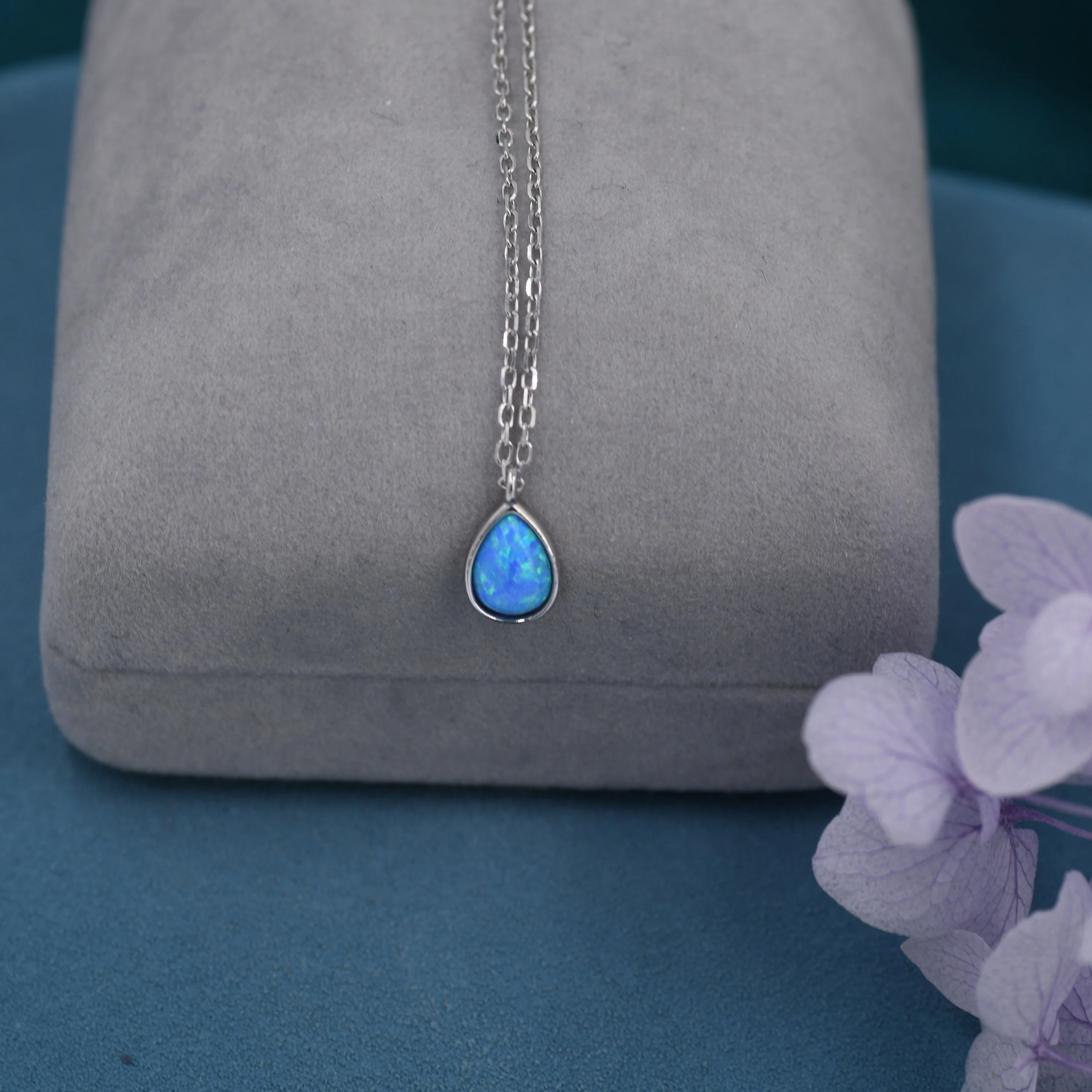 Blue Opal Droplet Pendant Necklace in Sterling Silver, Lab Opal Necklace,  Pear Shape Opal Necklace, Fire Opal Necklace - Image 5