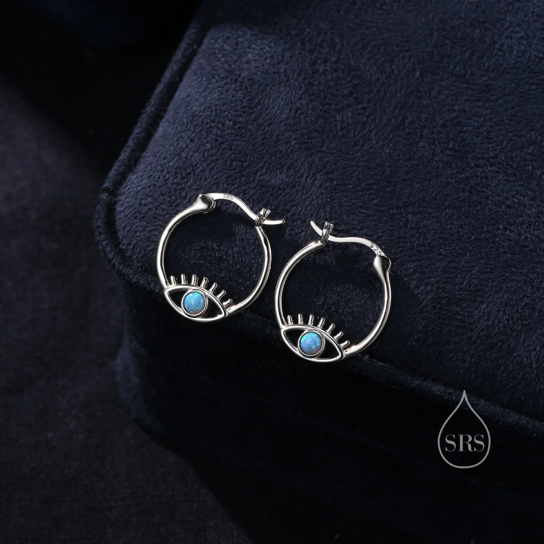 Blue Opal Eye Hoop Earrings in Sterling Silver, Silver or Gold Evil Eye Hoops, Simulated Opal, Evil Eye Earrings, Lab Opal Eye Earrings