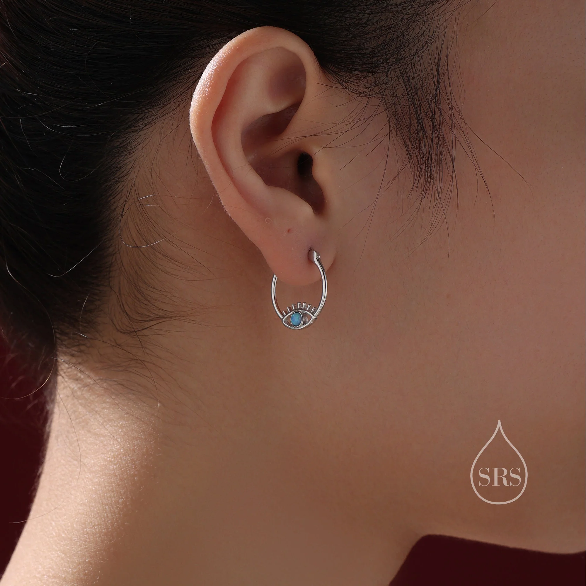 Blue Opal Eye Hoop Earrings in Sterling Silver, Silver or Gold Evil Eye Hoops, Simulated Opal, Evil Eye Earrings, Lab Opal Eye Earrings - Image 3