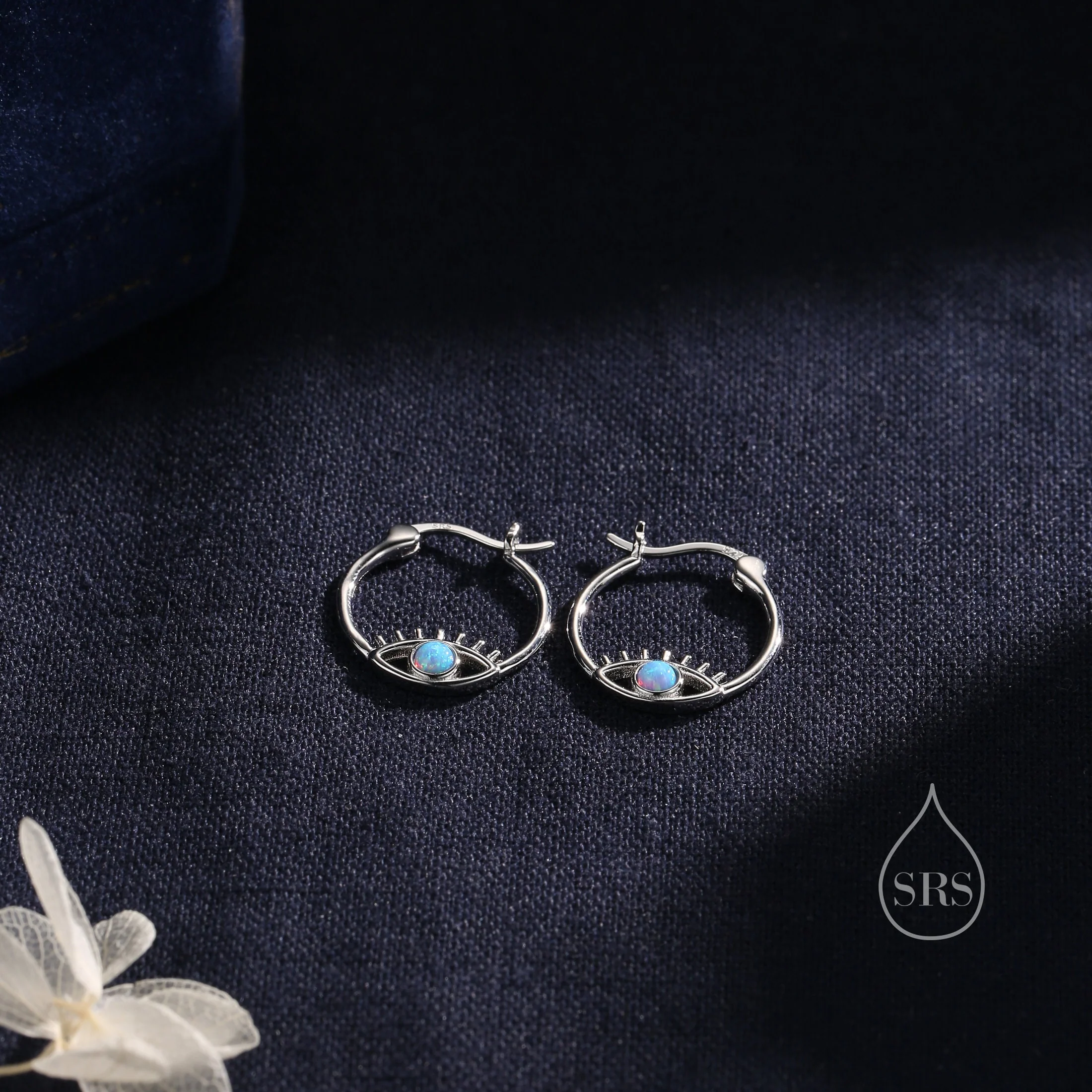 Blue Opal Eye Hoop Earrings in Sterling Silver, Silver or Gold Evil Eye Hoops, Simulated Opal, Evil Eye Earrings, Lab Opal Eye Earrings - Image 4