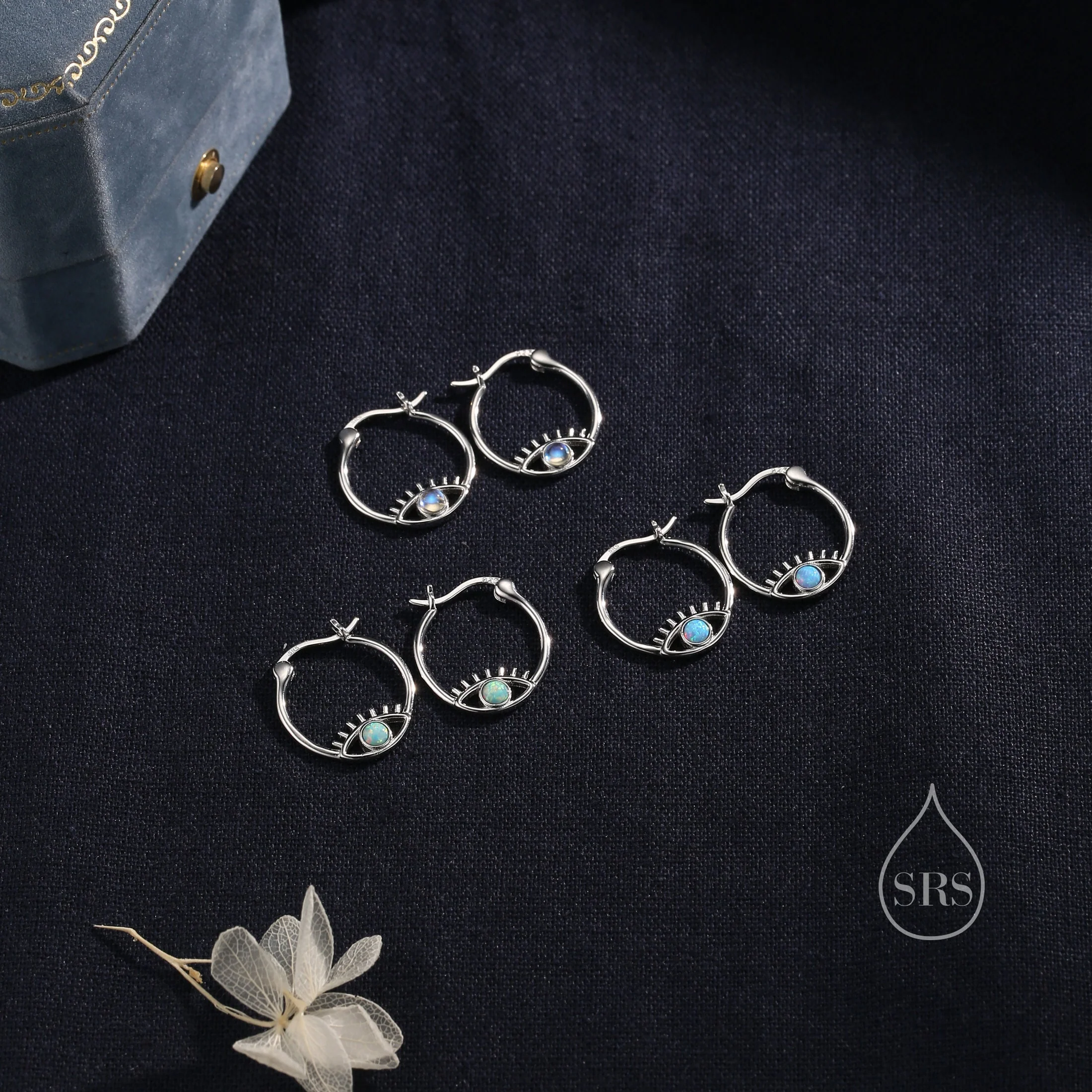 Blue Opal Eye Hoop Earrings in Sterling Silver, Silver or Gold Evil Eye Hoops, Simulated Opal, Evil Eye Earrings, Lab Opal Eye Earrings - Image 5