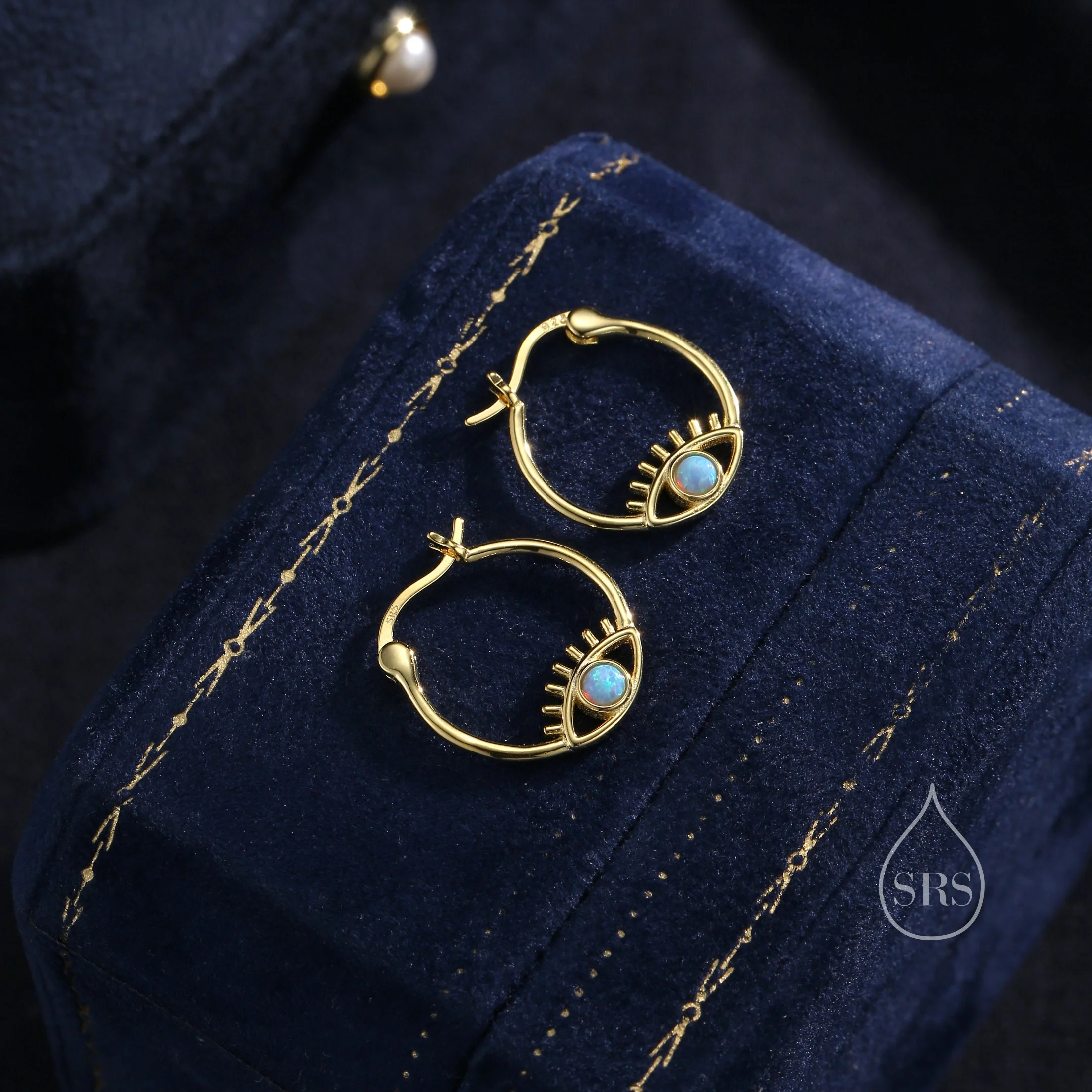 Blue Opal Eye Hoop Earrings in Sterling Silver, Silver or Gold Evil Eye Hoops, Simulated Opal, Evil Eye Earrings, Lab Opal Eye Earrings - Image 6
