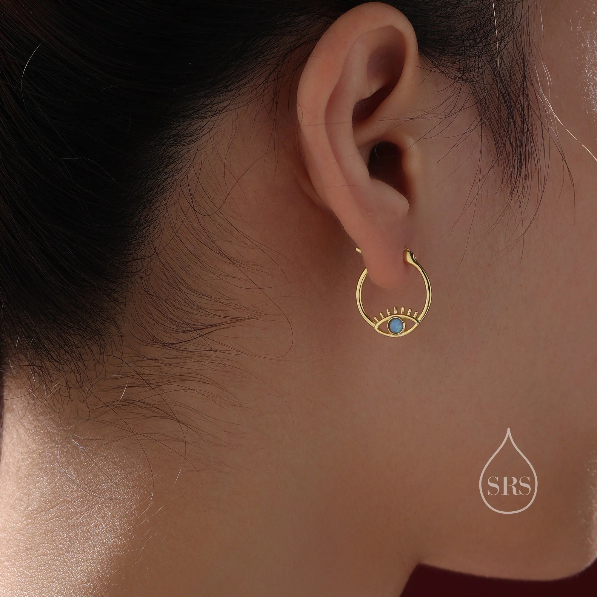 Blue Opal Eye Hoop Earrings in Sterling Silver, Silver or Gold Evil Eye Hoops, Simulated Opal, Evil Eye Earrings, Lab Opal Eye Earrings - Image 7