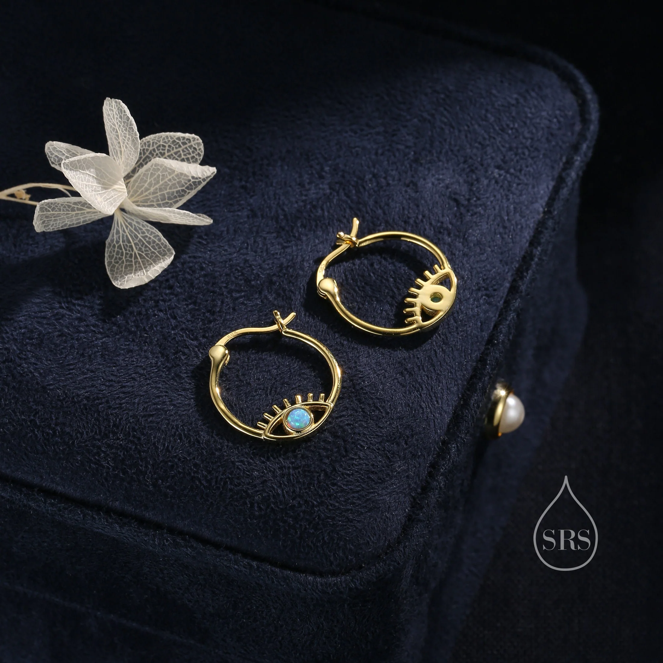 Blue Opal Eye Hoop Earrings in Sterling Silver, Silver or Gold Evil Eye Hoops, Simulated Opal, Evil Eye Earrings, Lab Opal Eye Earrings - Image 8