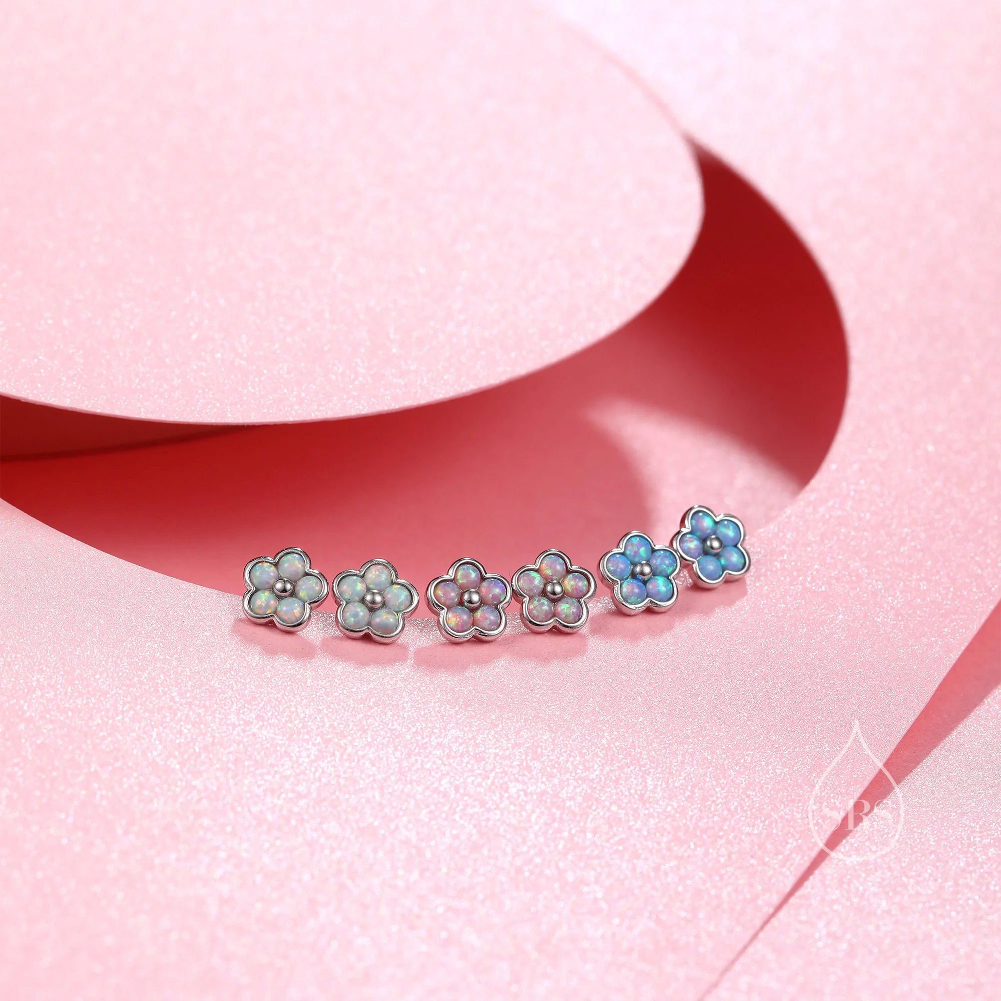 Blue Opal Flower Stud Earrings in Sterling Silver - Gold or Silver - Opal Forget-me-not - Opal Cluster - Petite Stud Earrings, Fire Opal - Image 7