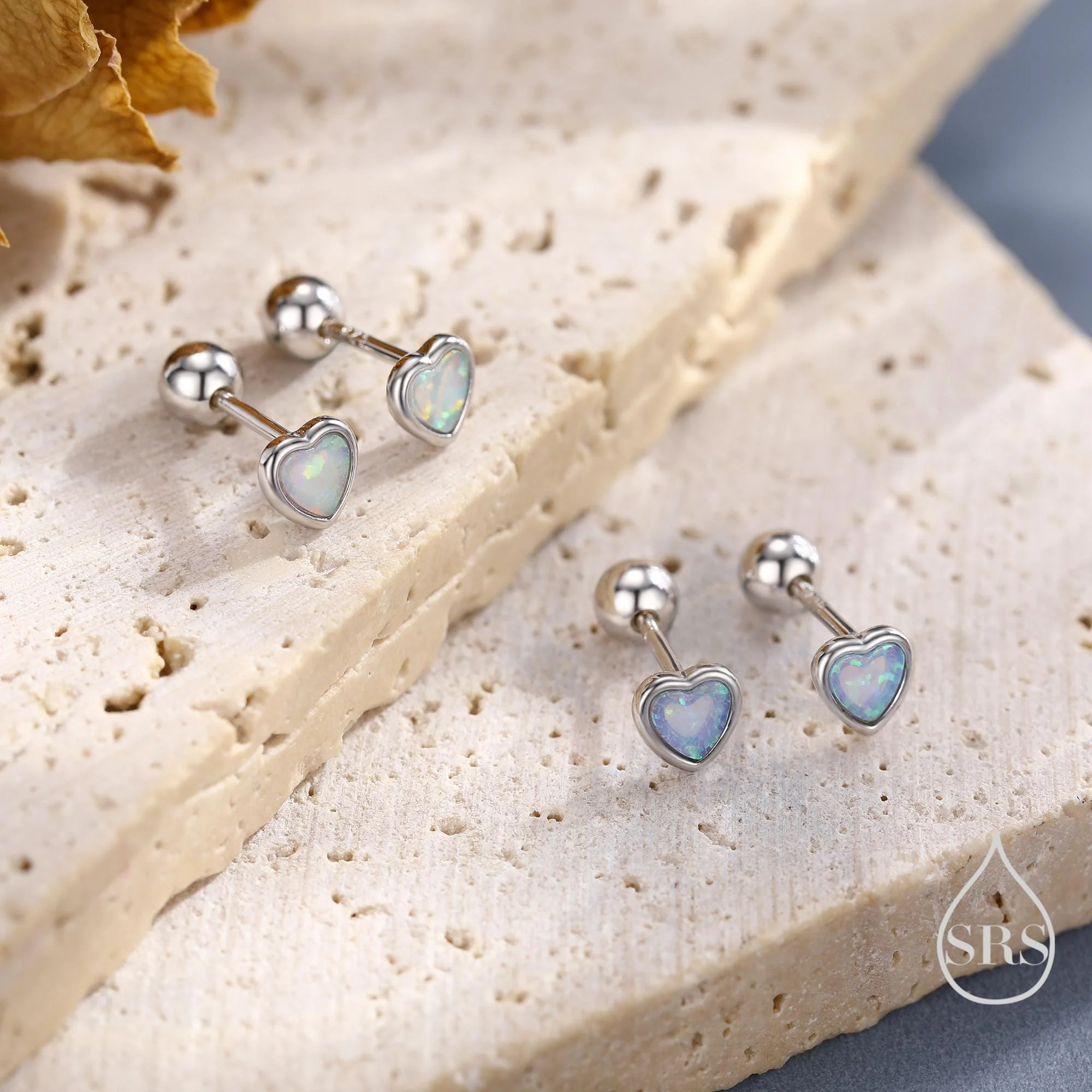 Blue Opal Heart Screw back / Flat Back / Stud Earrings in Sterling Silver, Lab Opal Heart Earrings, Heart Screwback Earrings, Fire Opal - Image 5