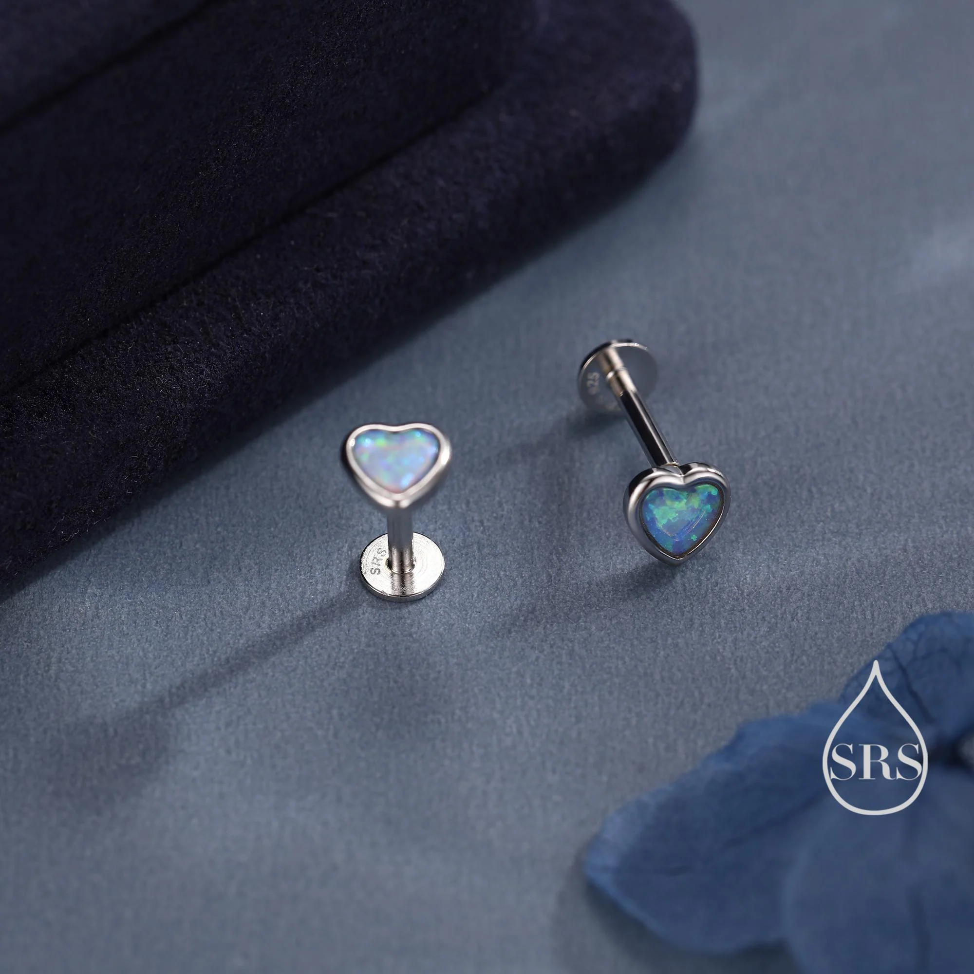 Blue Opal Heart Screw back / Flat Back / Stud Earrings in Sterling Silver, Lab Opal Heart Earrings, Heart Screwback Earrings, Fire Opal - Image 8