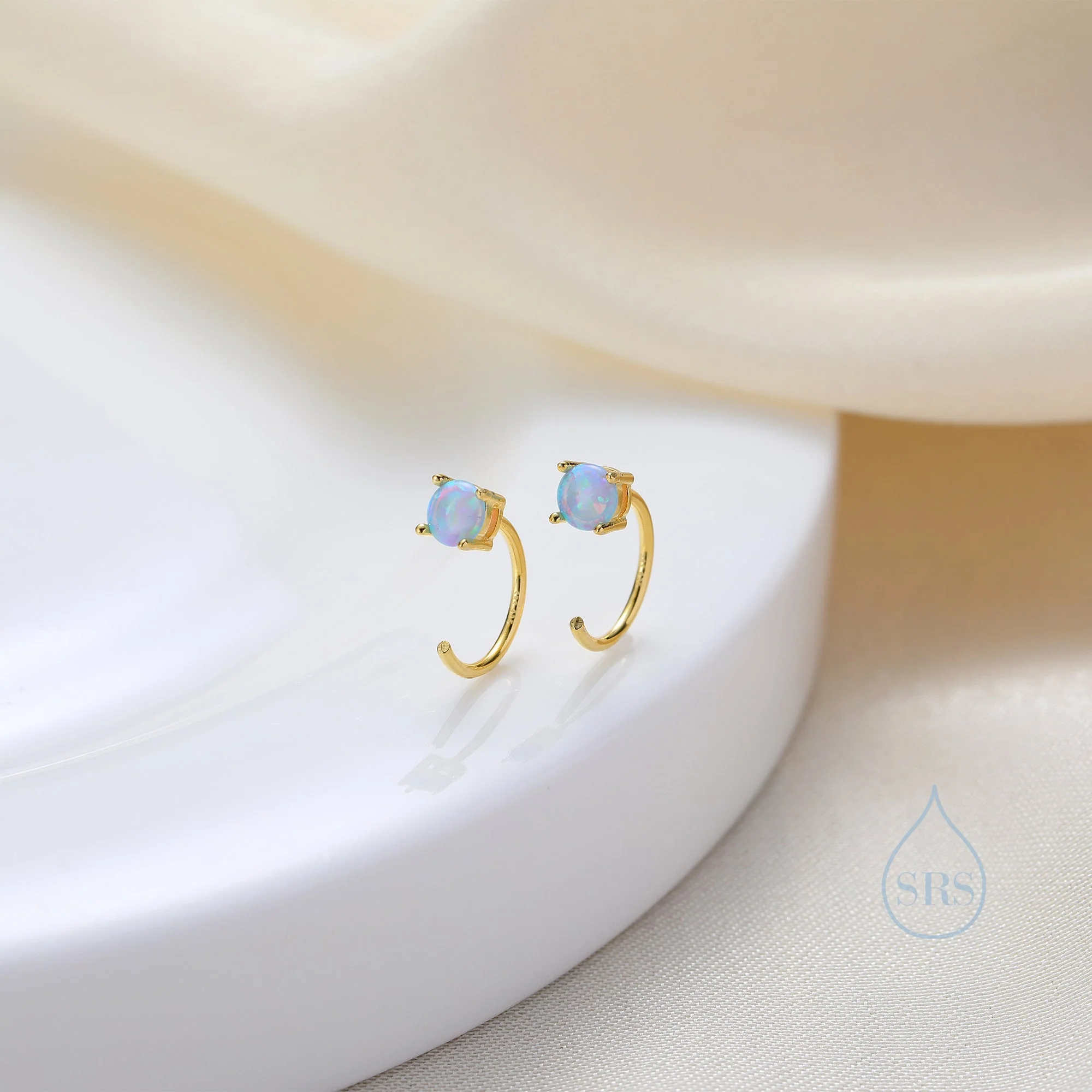 Blue Opal Huggie Hoop Earrings in Sterling Silver, Tiny Opal Open Hoop Earrings, Opal Pull Through Threaders, Half Hoops, C Shape Opal Hoops - Image 2