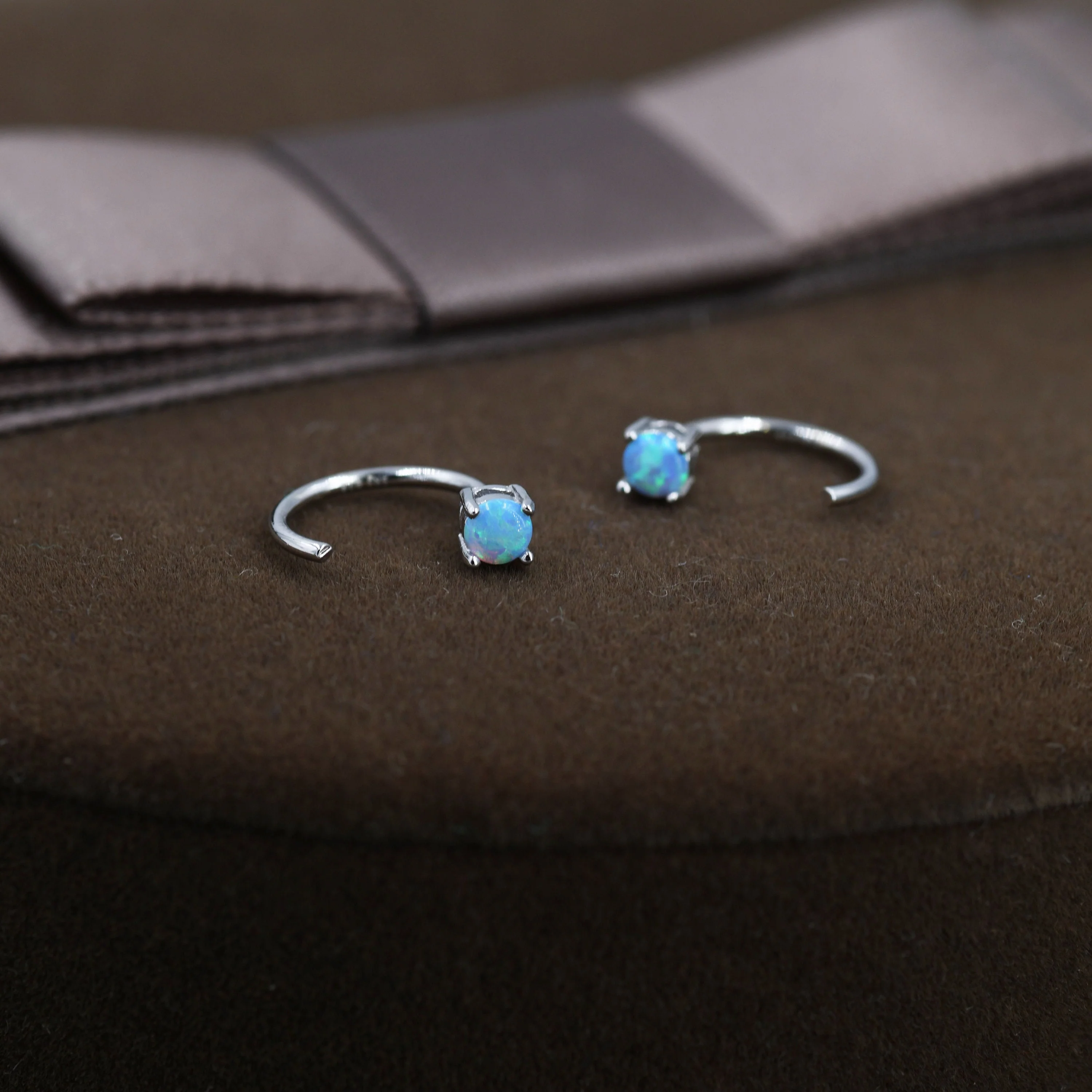 Blue Opal Huggie Hoop Earrings in Sterling Silver, Tiny Opal Open Hoop Earrings, Opal Pull Through Threaders, Half Hoops, C Shape Opal Hoops - Image 3