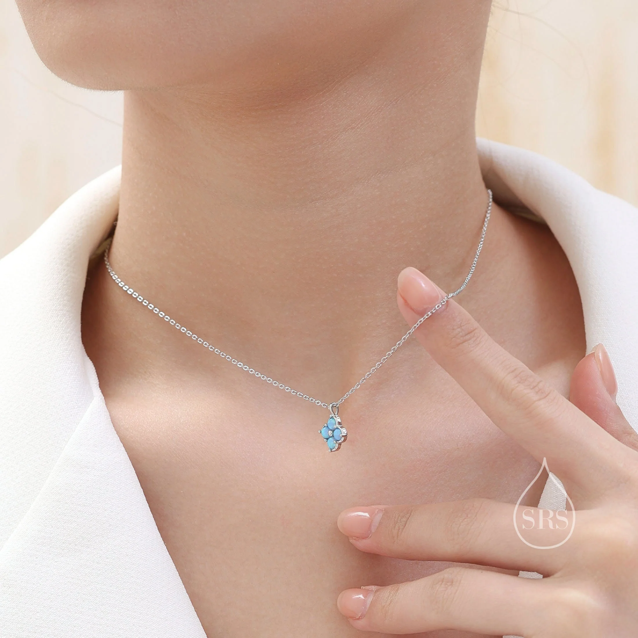 Blue Opal Hydrangea Pendant Necklace in Sterling Silver, Silver or Gold, Blue Opal Four Dot Necklace, Sterling Silver Opal Pendant - Image 2