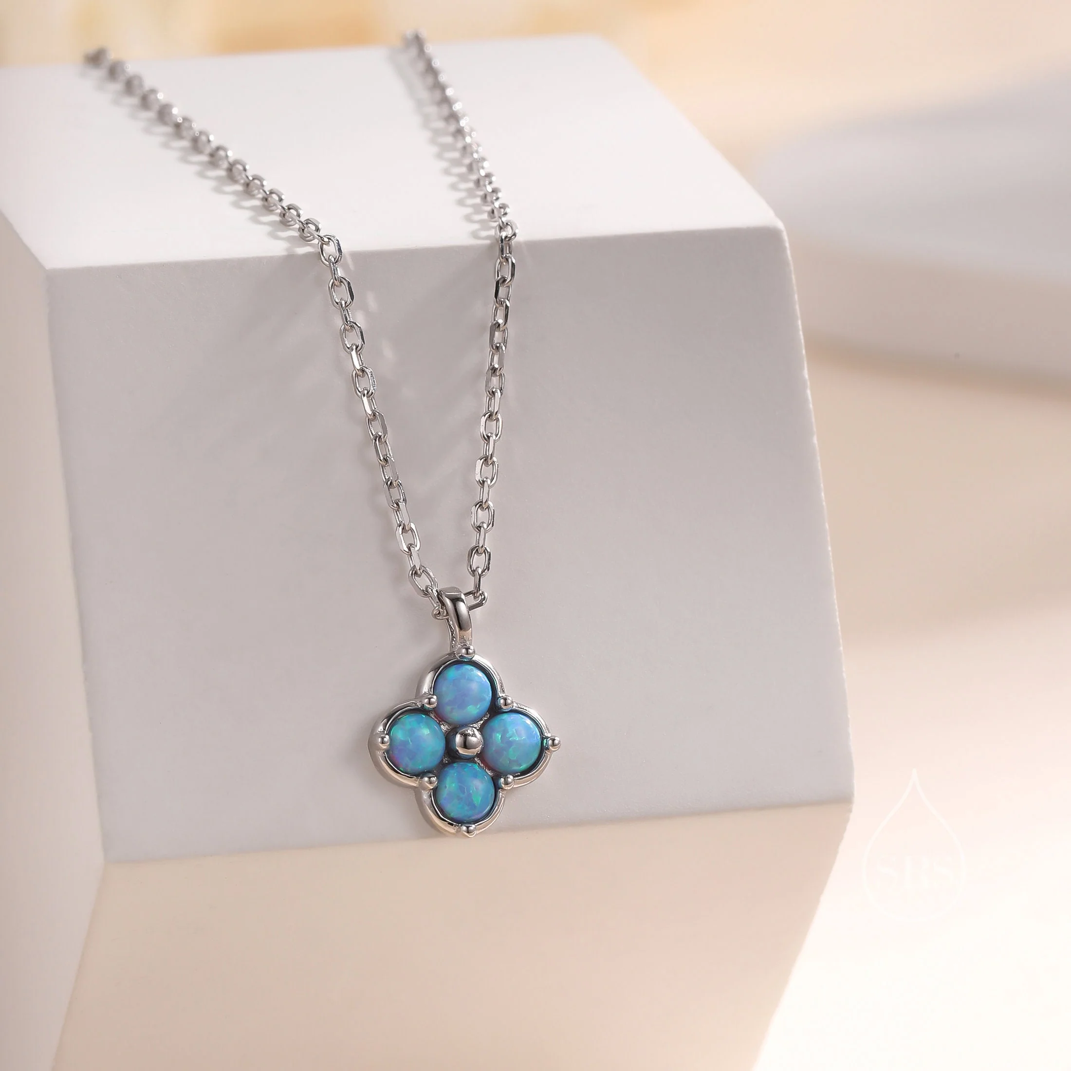 Blue Opal Hydrangea Pendant Necklace in Sterling Silver, Silver or Gold, Blue Opal Four Dot Necklace, Sterling Silver Opal Pendant - Image 3