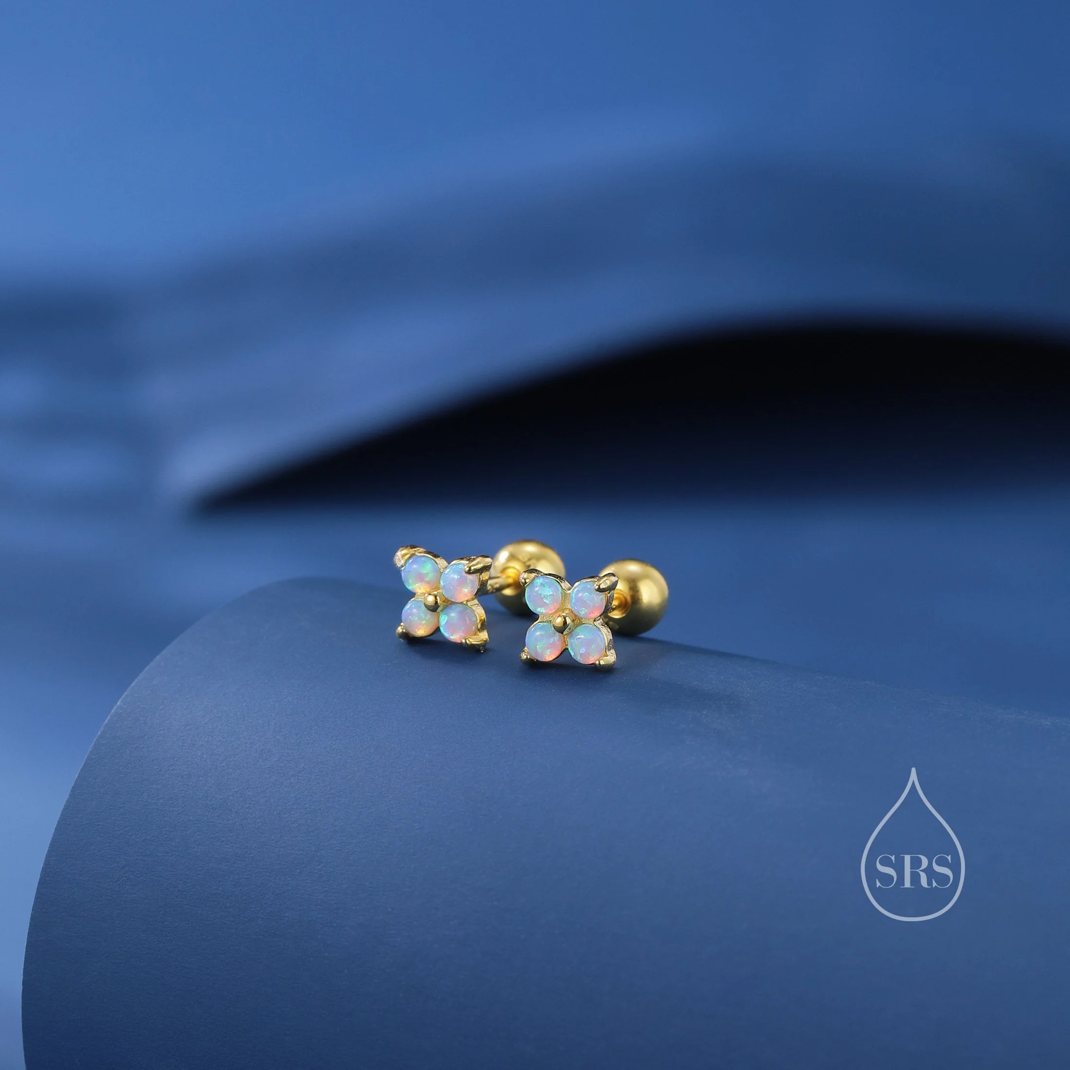 Blue Opal Hydrangea Screw Back Earrings in Sterling Silver - Gold or Silver - Opal Flower Earrings, Four Fire Opal Stud - Image 7