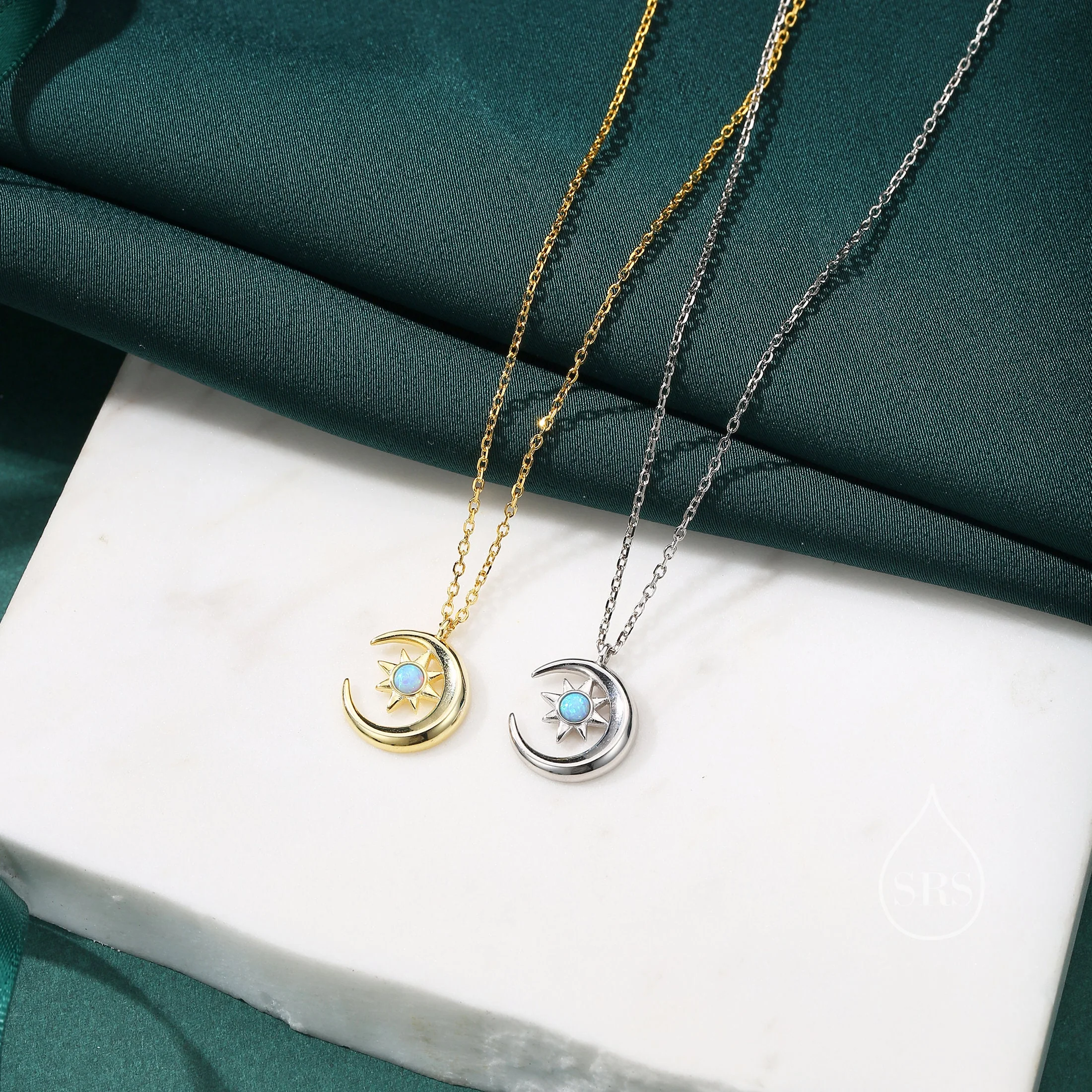 Blue Opal Moon and Star Pendant Necklace in Sterling Silver, Silver or Gold, Aurora Star Necklace, Lab Opal Starburst, Moon and Sun - Image 3