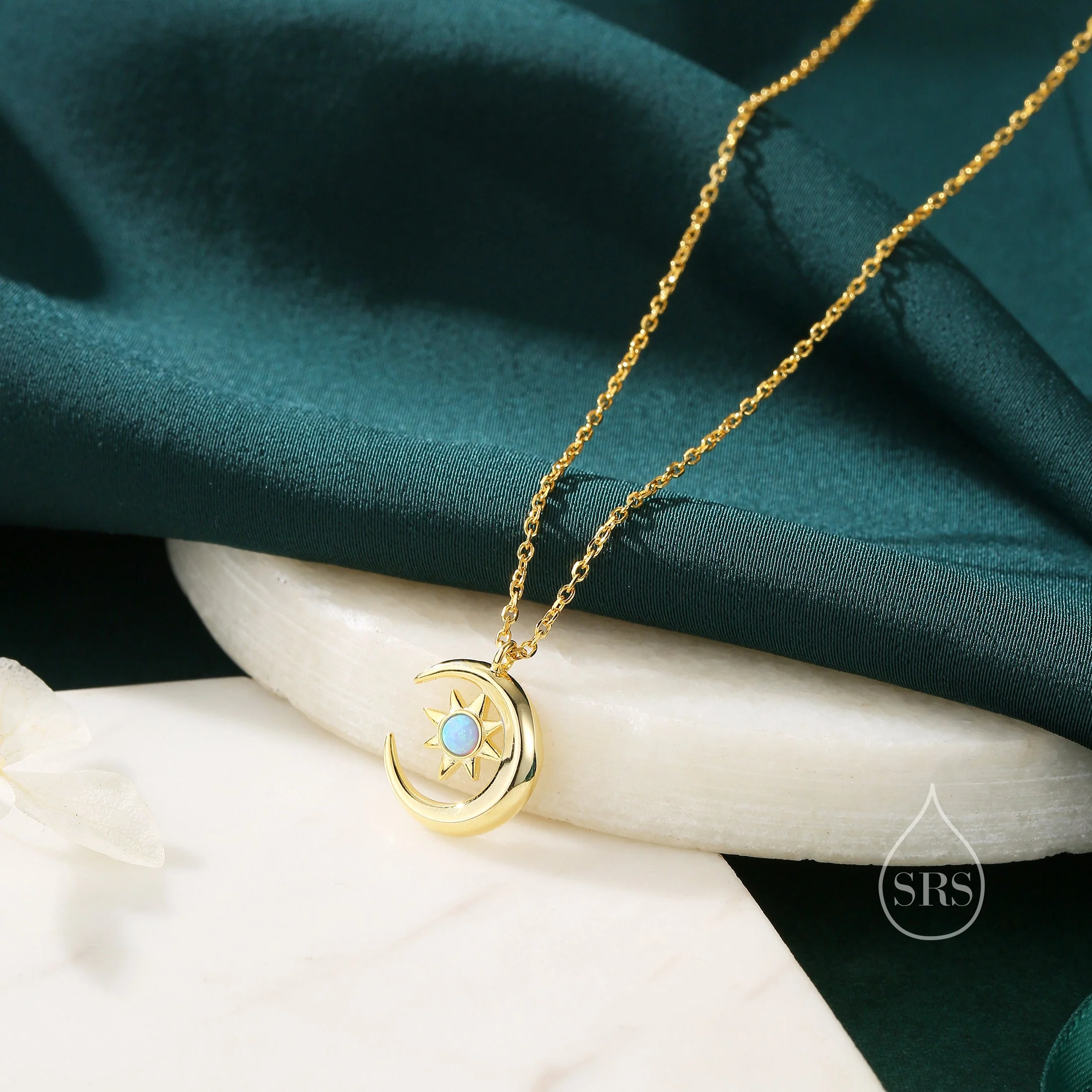 Blue Opal Moon and Star Pendant Necklace in Sterling Silver, Silver or Gold, Aurora Star Necklace, Lab Opal Starburst, Moon and Sun - Image 4