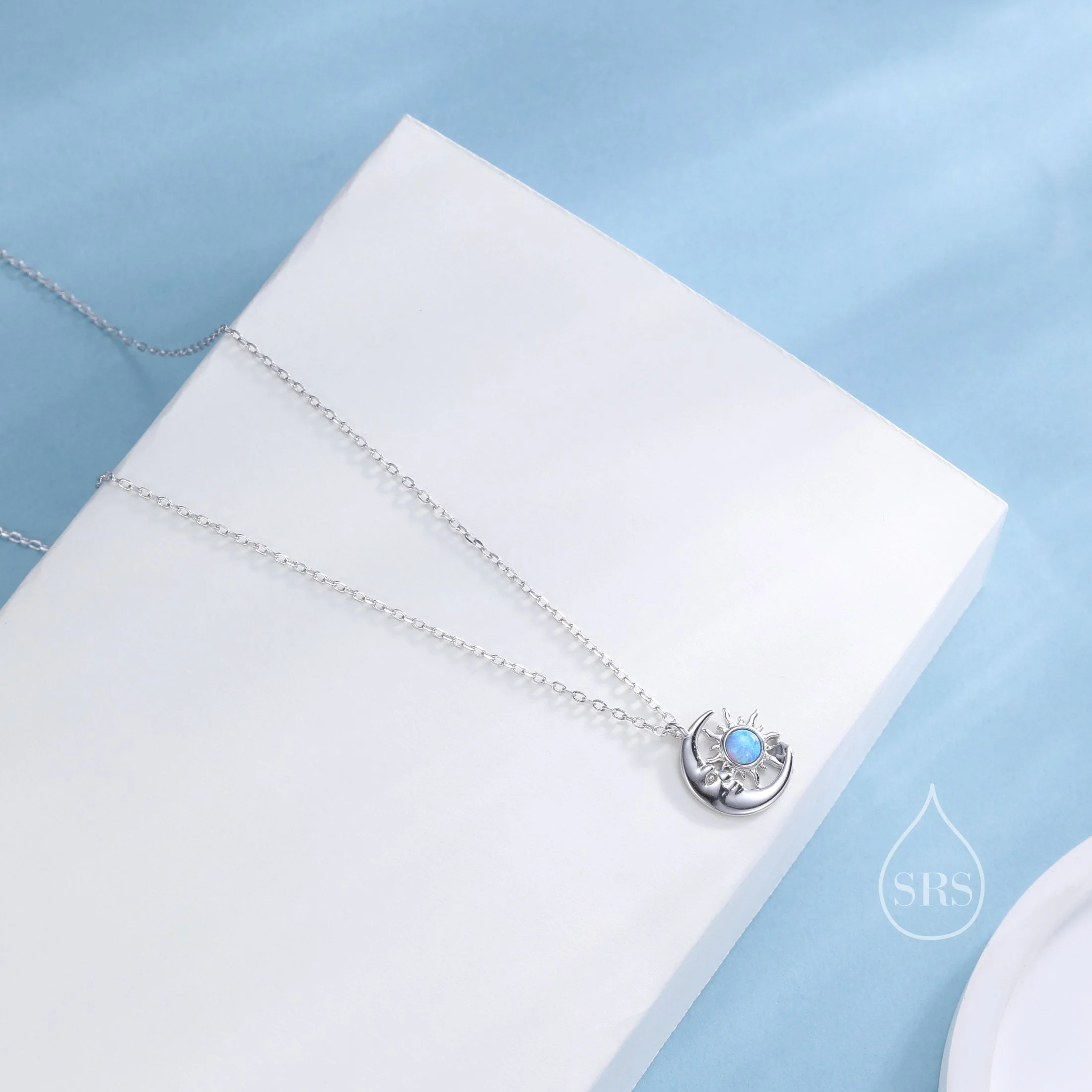 Blue Opal Moon and Star Pendant Necklace in Sterling Silver, Silver or Gold, Man in the Moon, Lab Opal Starburst Necklace - Image 4
