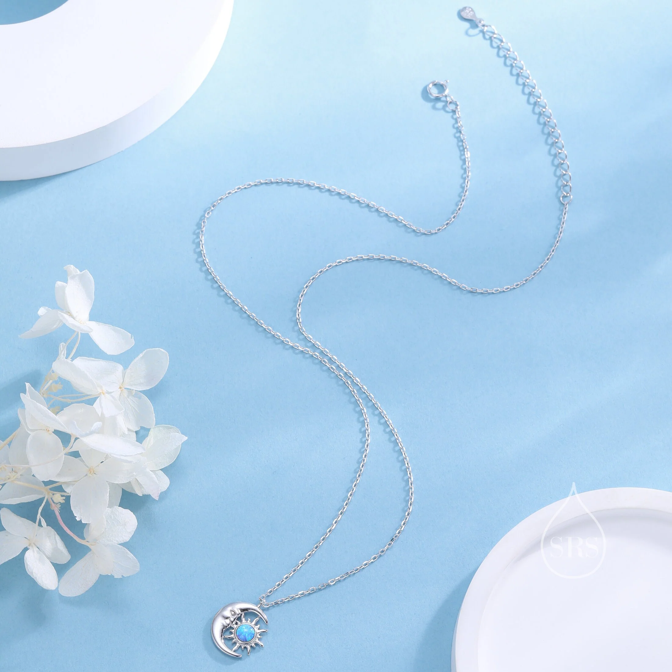 Blue Opal Moon and Star Pendant Necklace in Sterling Silver, Silver or Gold, Man in the Moon, Lab Opal Starburst Necklace - Image 5
