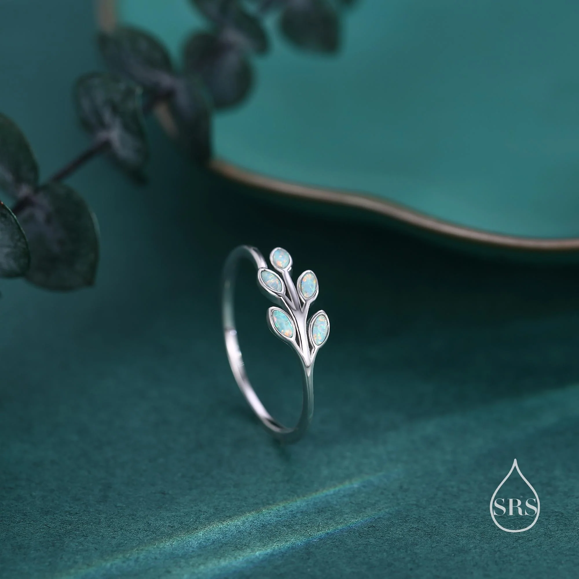 Blue Opal Olive Leaf Ring in Sterling Silver, Silver or Gold, US 5 - 8 Olive Leaf Ring, Botanical Ring, Simulated Opal Leaf Ring - Image 2