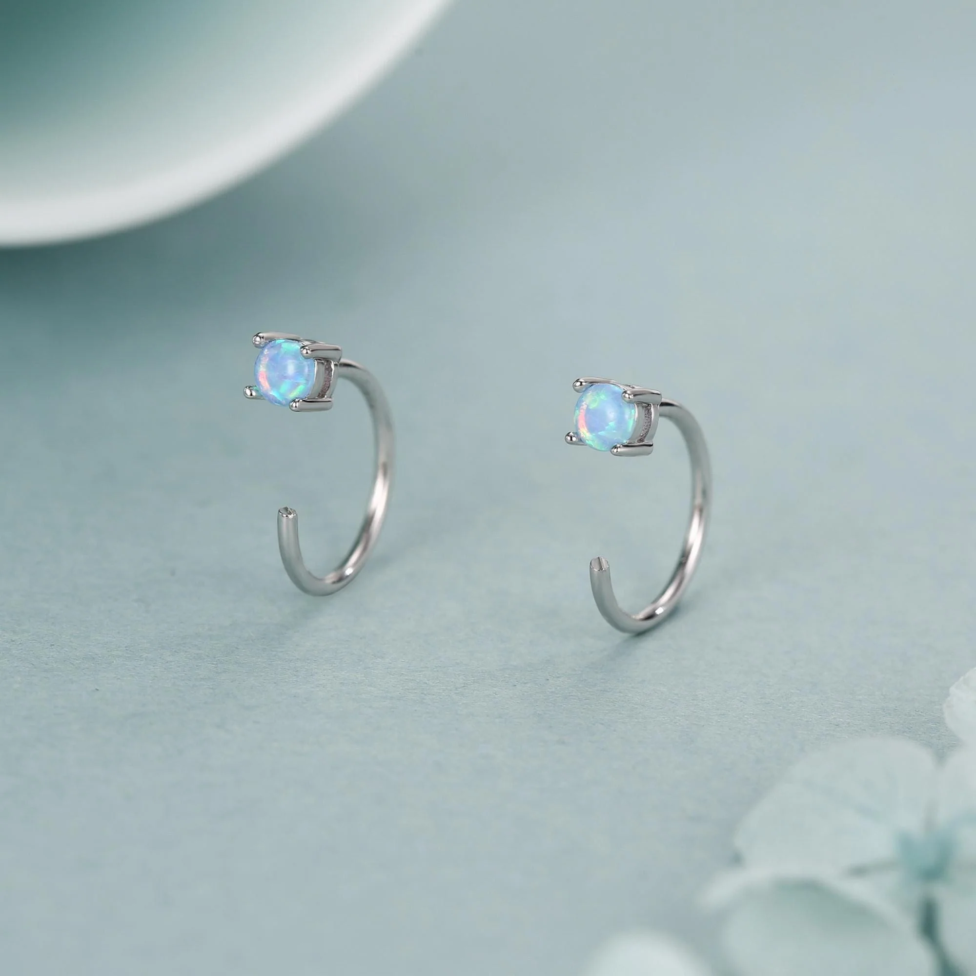 Blue Opal Open Huggie Hoop Earrings in Sterling Silver, Pull Through C Hoops - Image 7