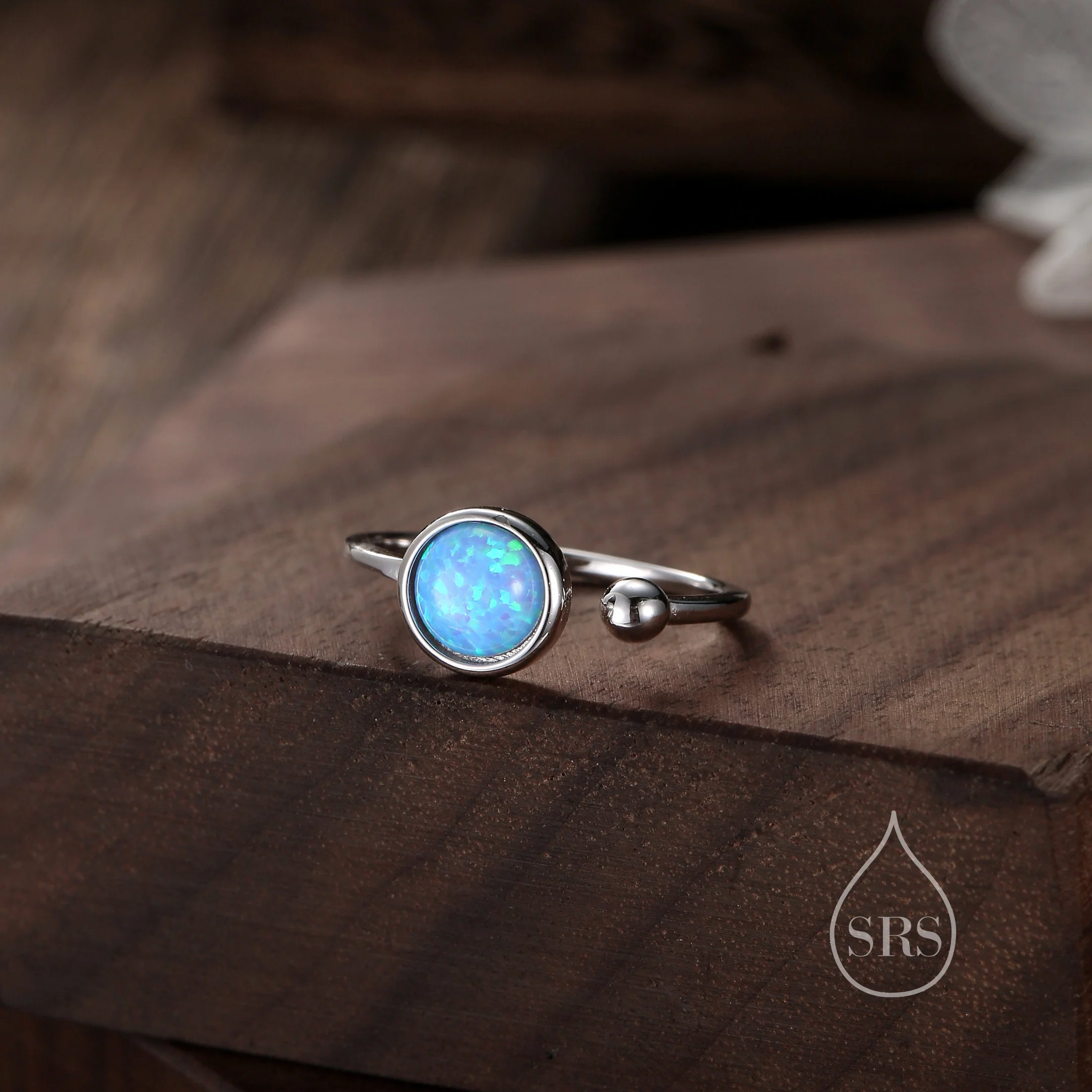 Blue Opal Open Ring in Sterling Silver, 6mm Lab Opal Stone, Bezel Set Simulated Blue Opal Ring, Adjustable Size - Image 2