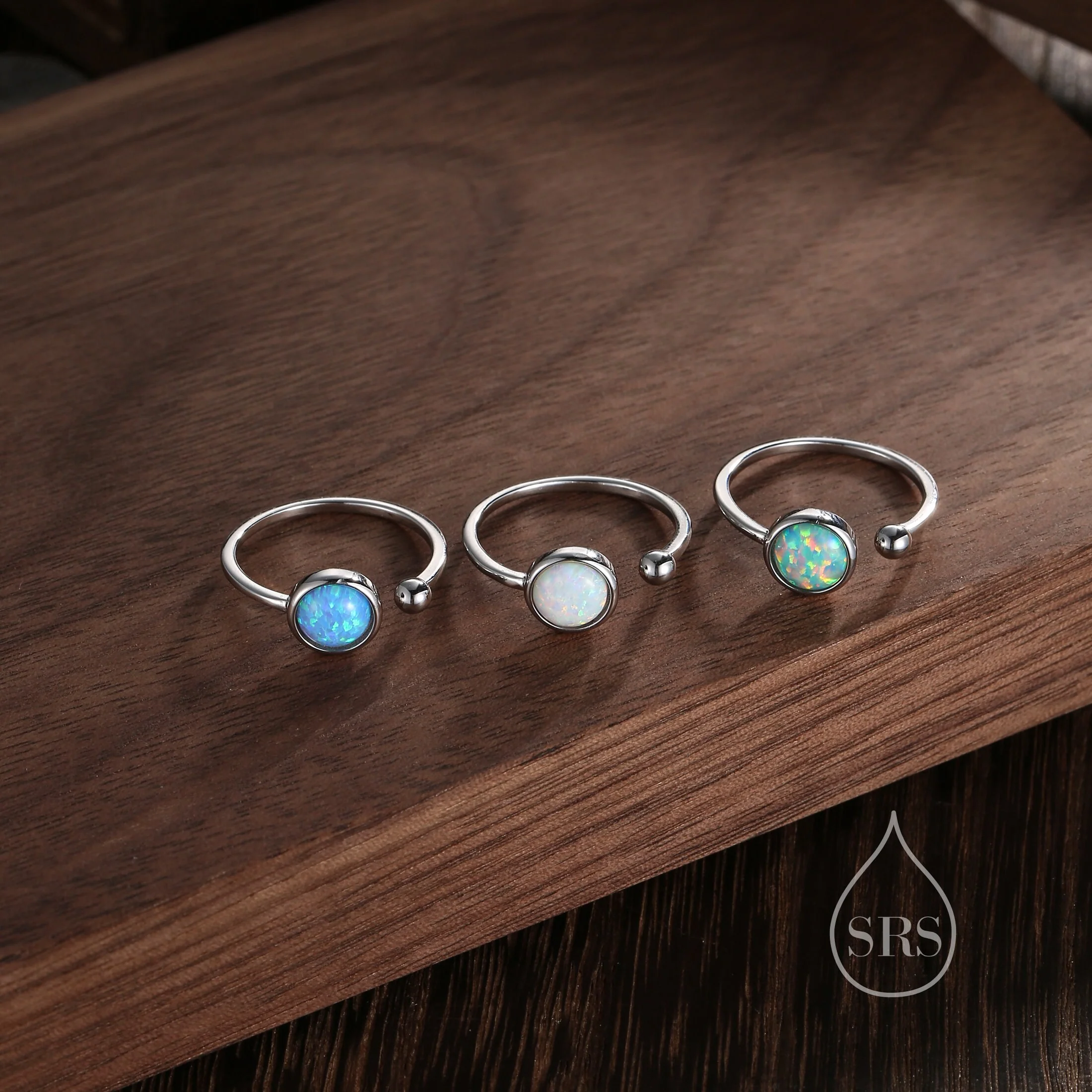 Blue Opal Open Ring in Sterling Silver, 6mm Lab Opal Stone, Bezel Set Simulated Blue Opal Ring, Adjustable Size - Image 5