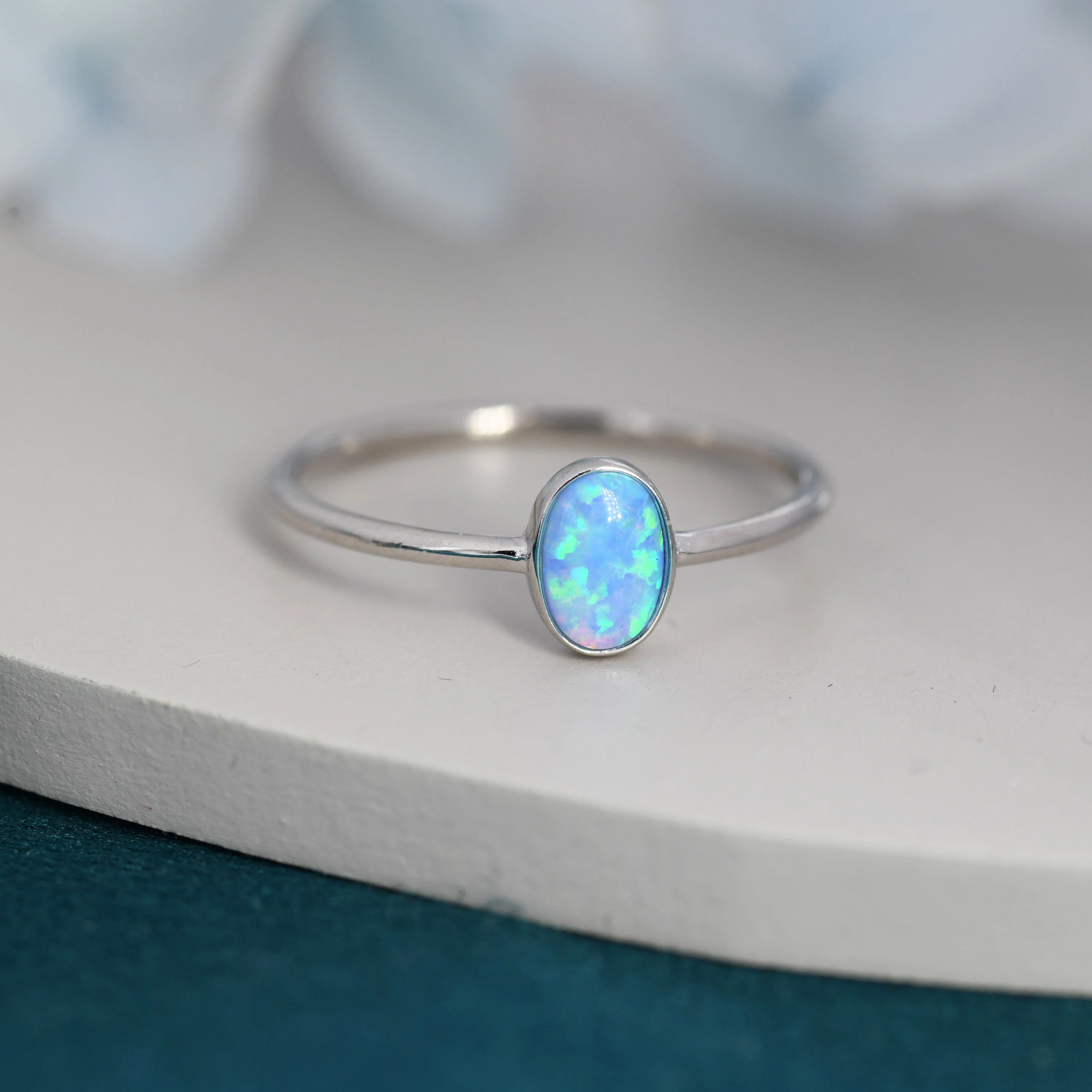 Blue Opal Oval Ring in Sterling Silver, US 5 - 8, Delicate Opal Stone Ring, Blue Opal Ring, Lab Opal Ring - Image 3