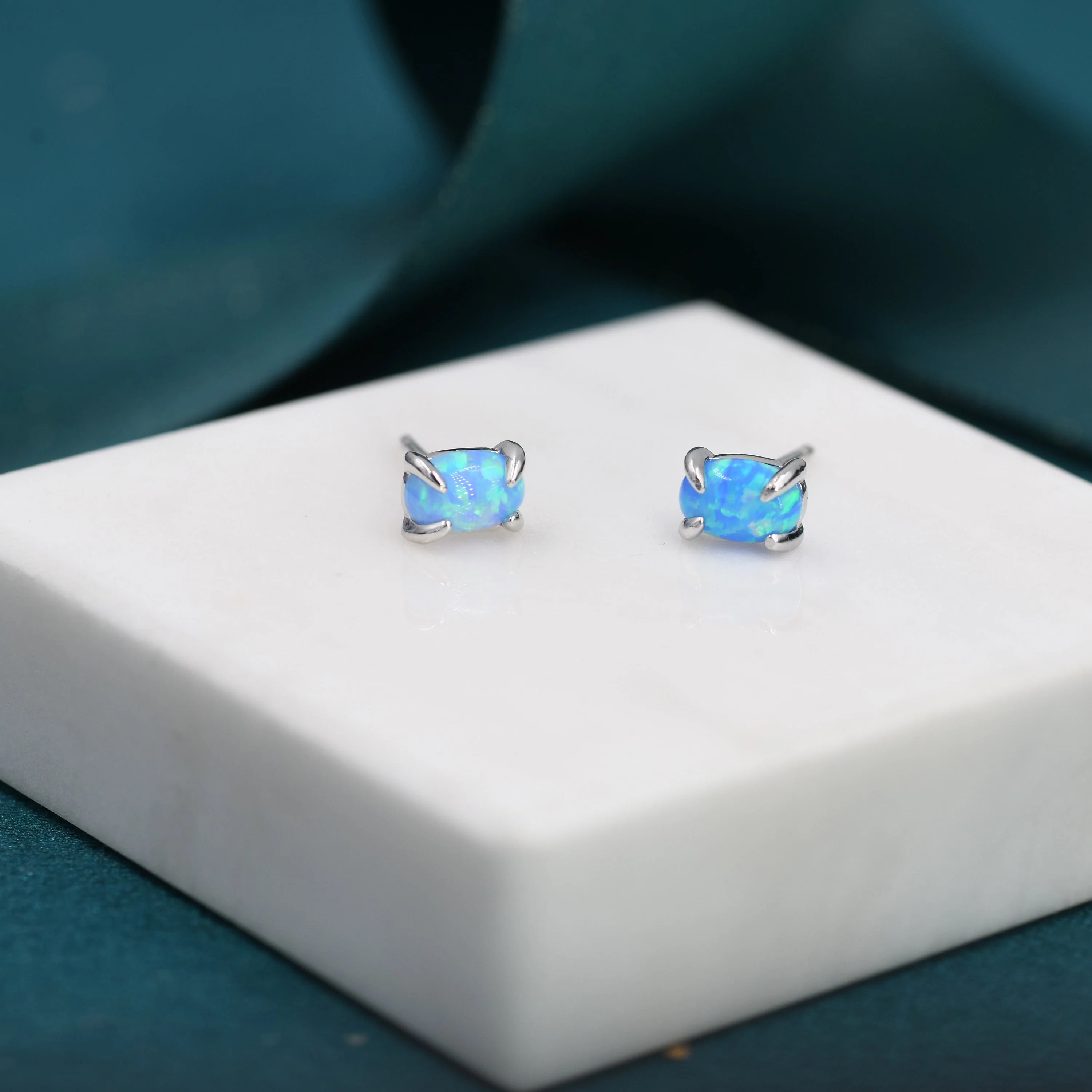 Blue Opal Oval Stud Earrings in Sterling Silver - Gold or Silver - Opal Oval Earrings - Opal Prong Set Earrings,Blue Opal - Image 2