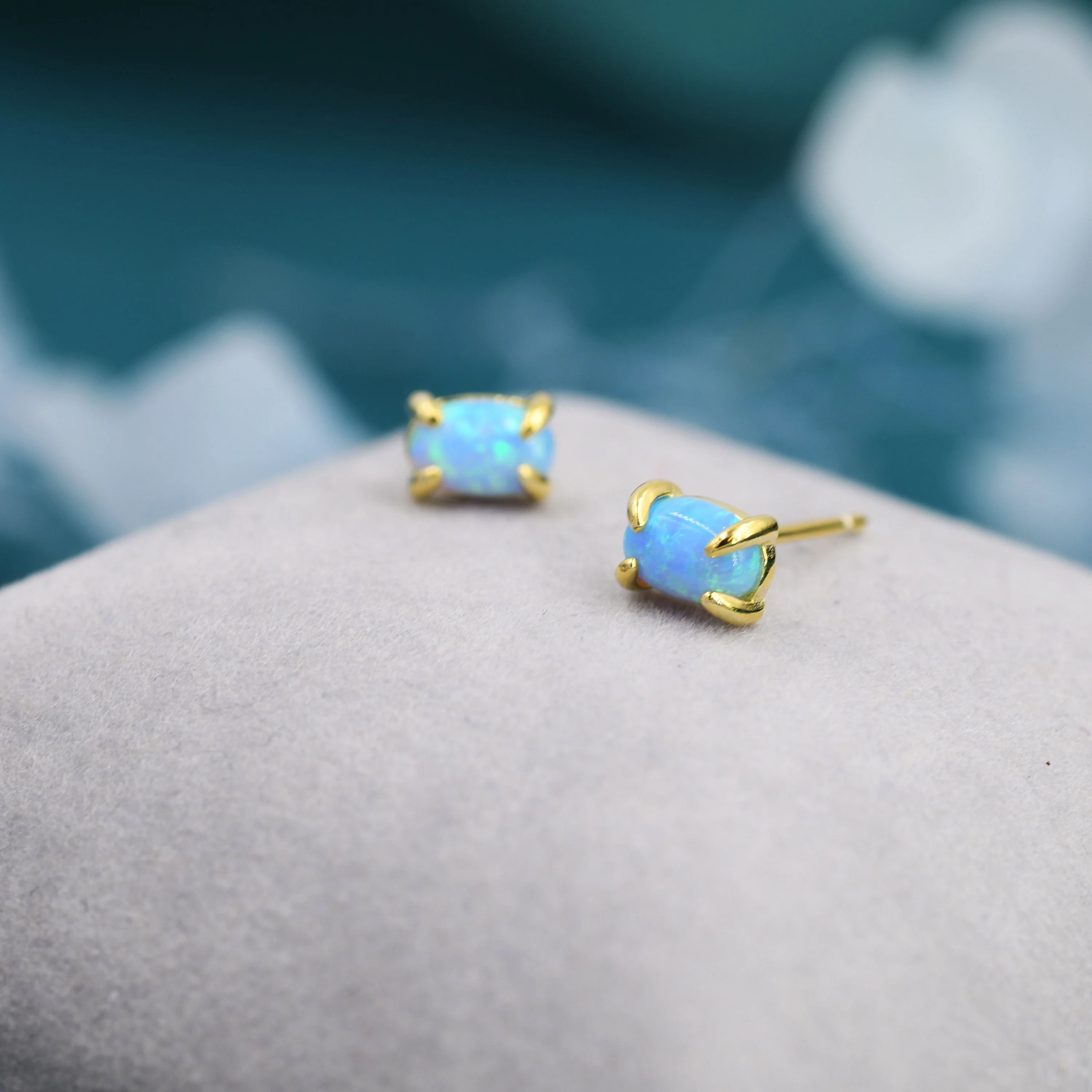 Blue Opal Oval Stud Earrings in Sterling Silver - Gold or Silver - Opal Oval Earrings - Opal Prong Set Earrings,Blue Opal - Image 3