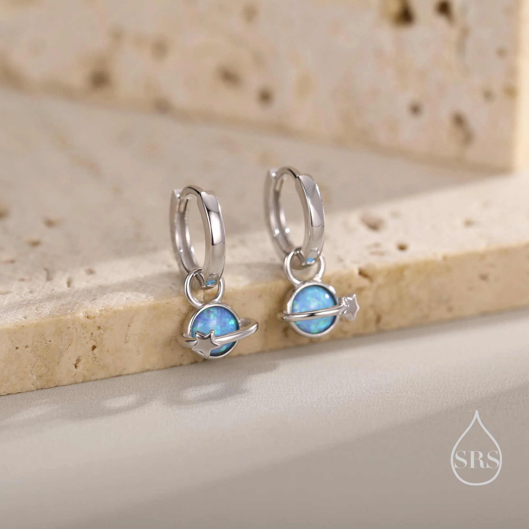 Blue Opal Planet and Star Huggie Hoop Earrings in Sterling Silver, Silver or Gold, Simulated Opal, Detachable Charms, Saturn Earrings - Image 3