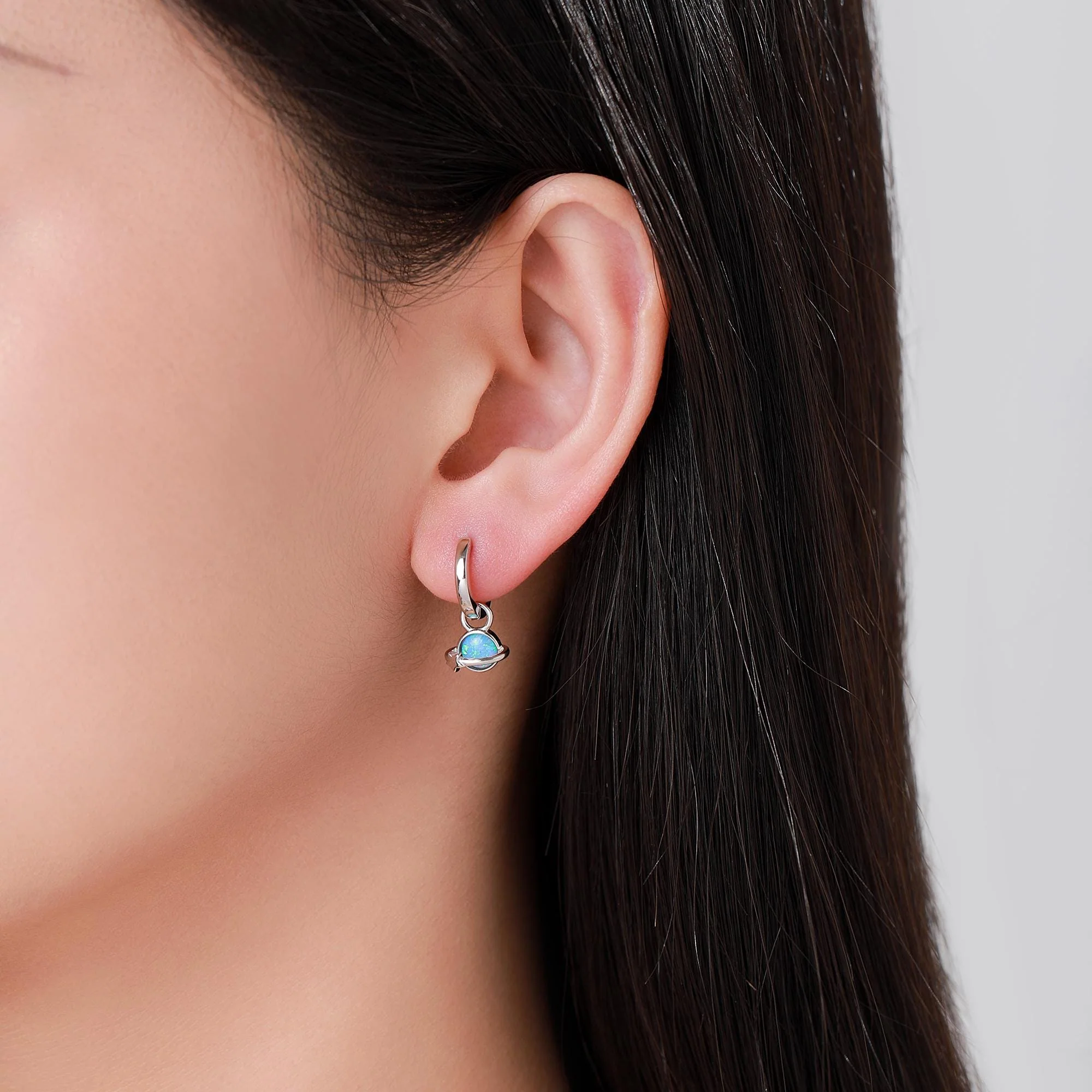 Blue Opal Planet and Star Huggie Hoop Earrings in Sterling Silver, Silver or Gold, Simulated Opal, Detachable Charms, Saturn Earrings - Image 7