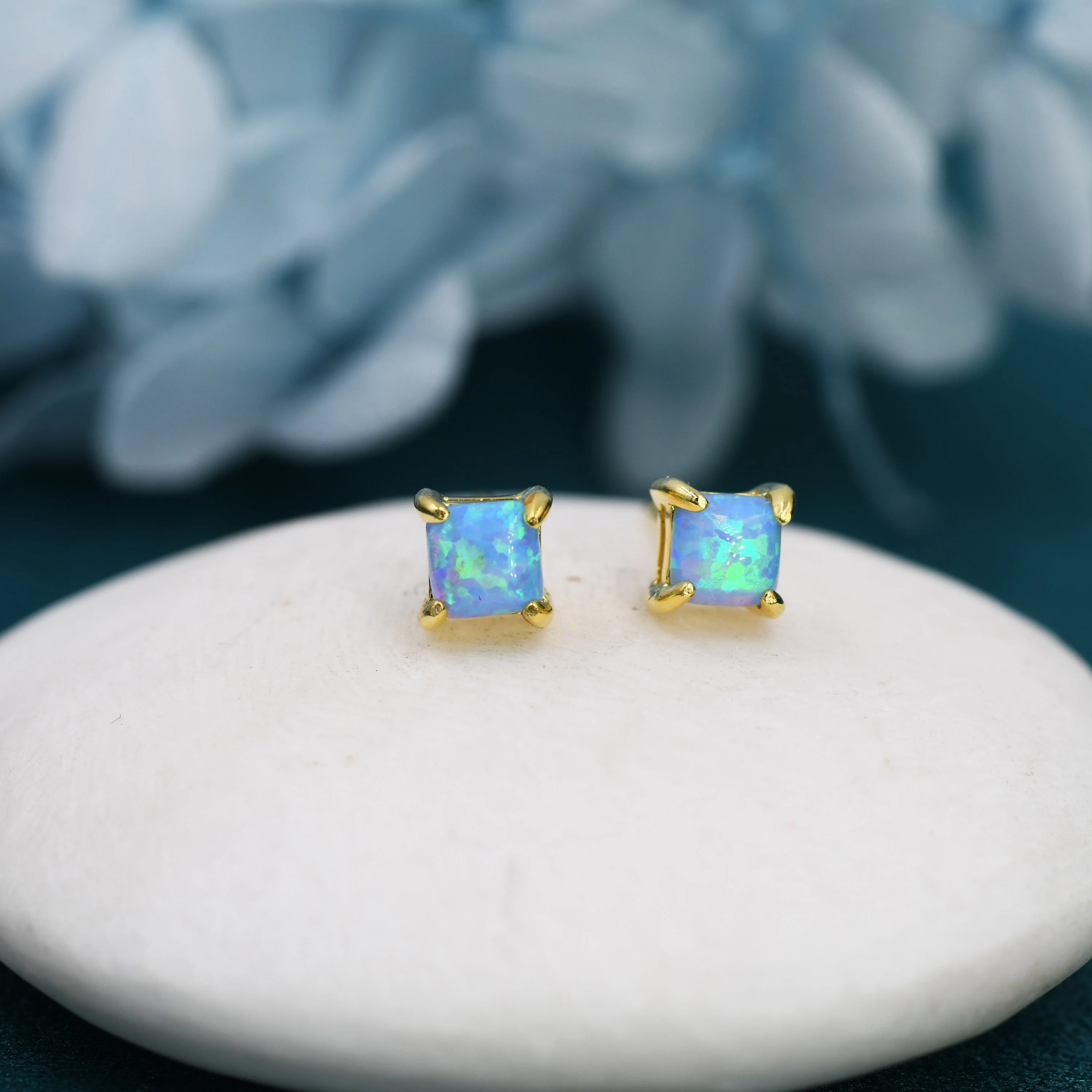 Blue Opal Square Stud Earrings in Sterling Silver - Gold or Silver - Opal Cube Earrings - Petite Stud Earrings, Blue Opal, Square Shape - Image 6
