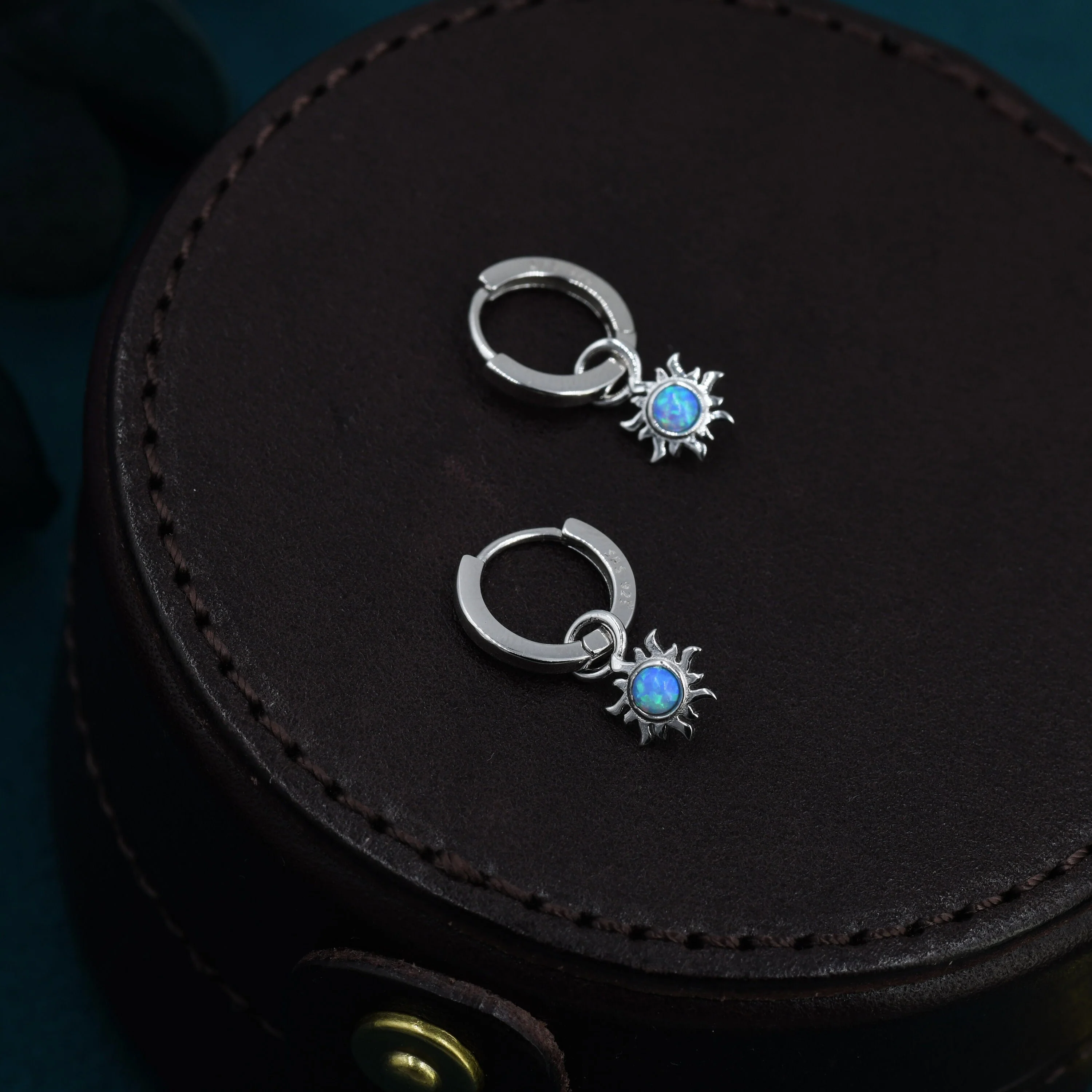Blue Opal Sun Dangle Huggie Hoop Earrings in Sterling Silver, Silver or Gold, Sun Earrings, Celestial Earrings, Detachable Blue Opal Sun - Image 2
