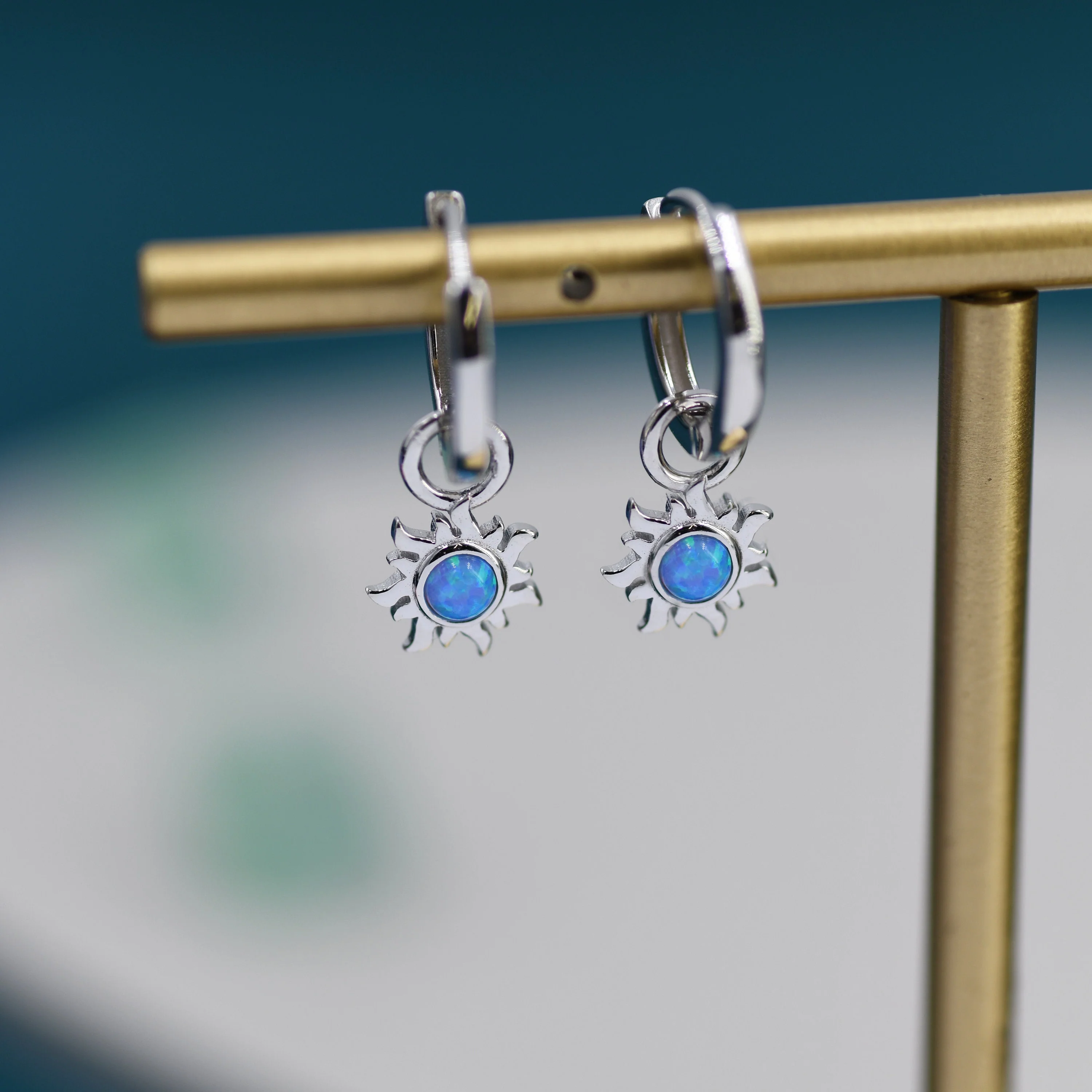 Blue Opal Sun Dangle Huggie Hoop Earrings in Sterling Silver, Silver or Gold, Sun Earrings, Celestial Earrings, Detachable Blue Opal Sun - Image 3