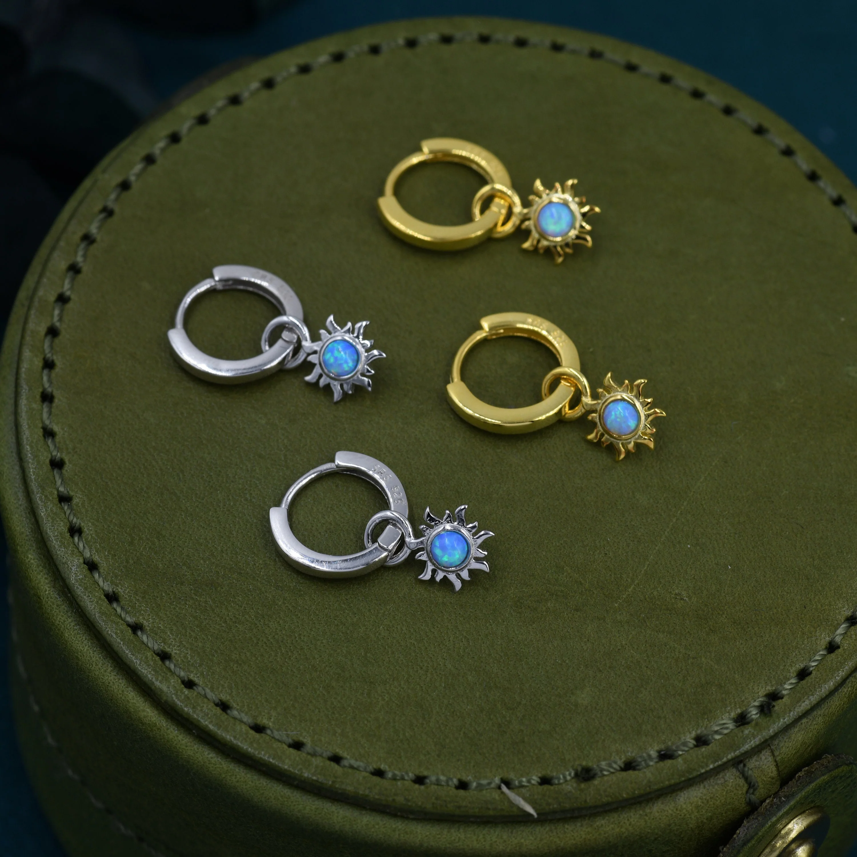Blue Opal Sun Dangle Huggie Hoop Earrings in Sterling Silver, Silver or Gold, Sun Earrings, Celestial Earrings, Detachable Blue Opal Sun - Image 4