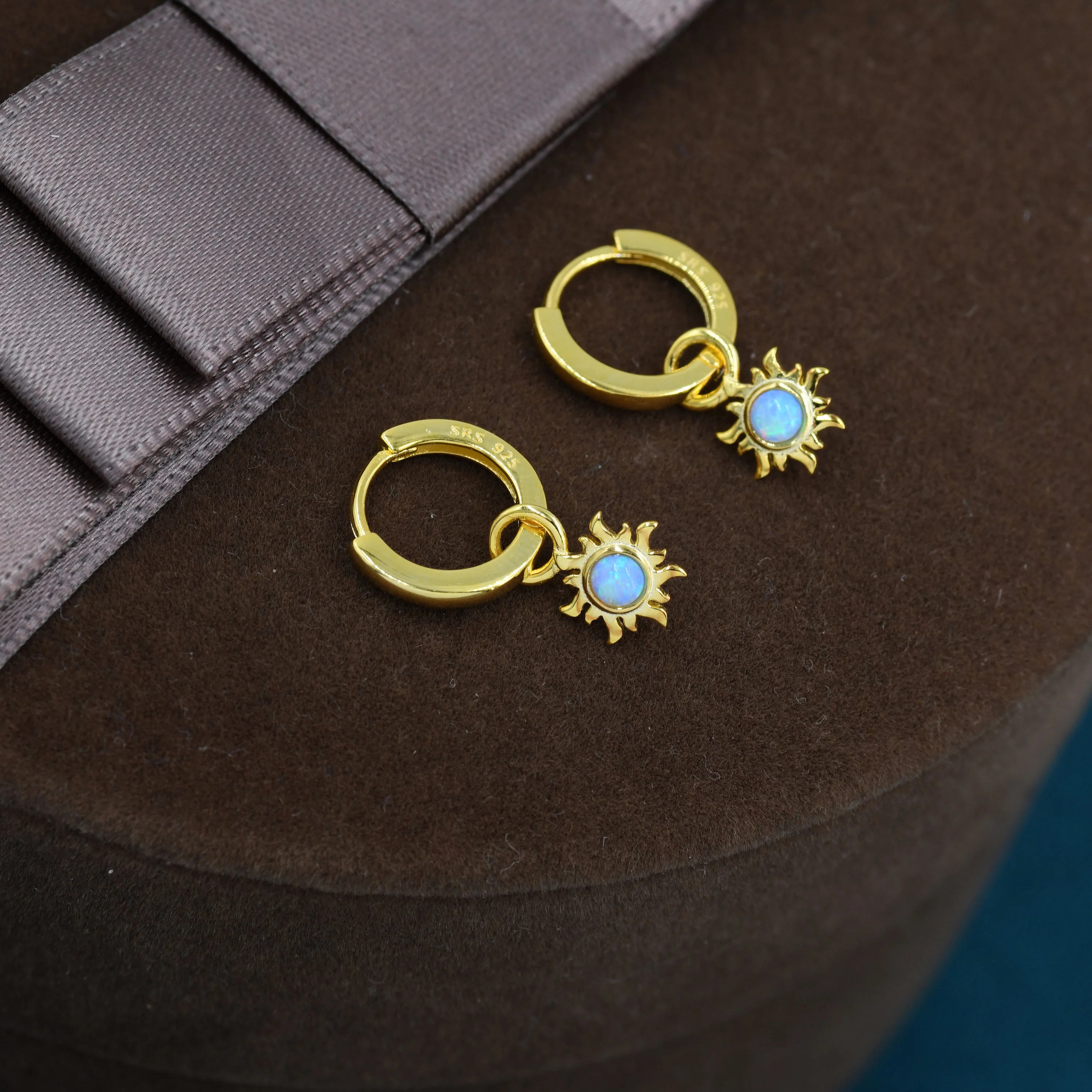 Blue Opal Sun Dangle Huggie Hoop Earrings in Sterling Silver, Silver or Gold, Sun Earrings, Celestial Earrings, Detachable Blue Opal Sun - Image 5