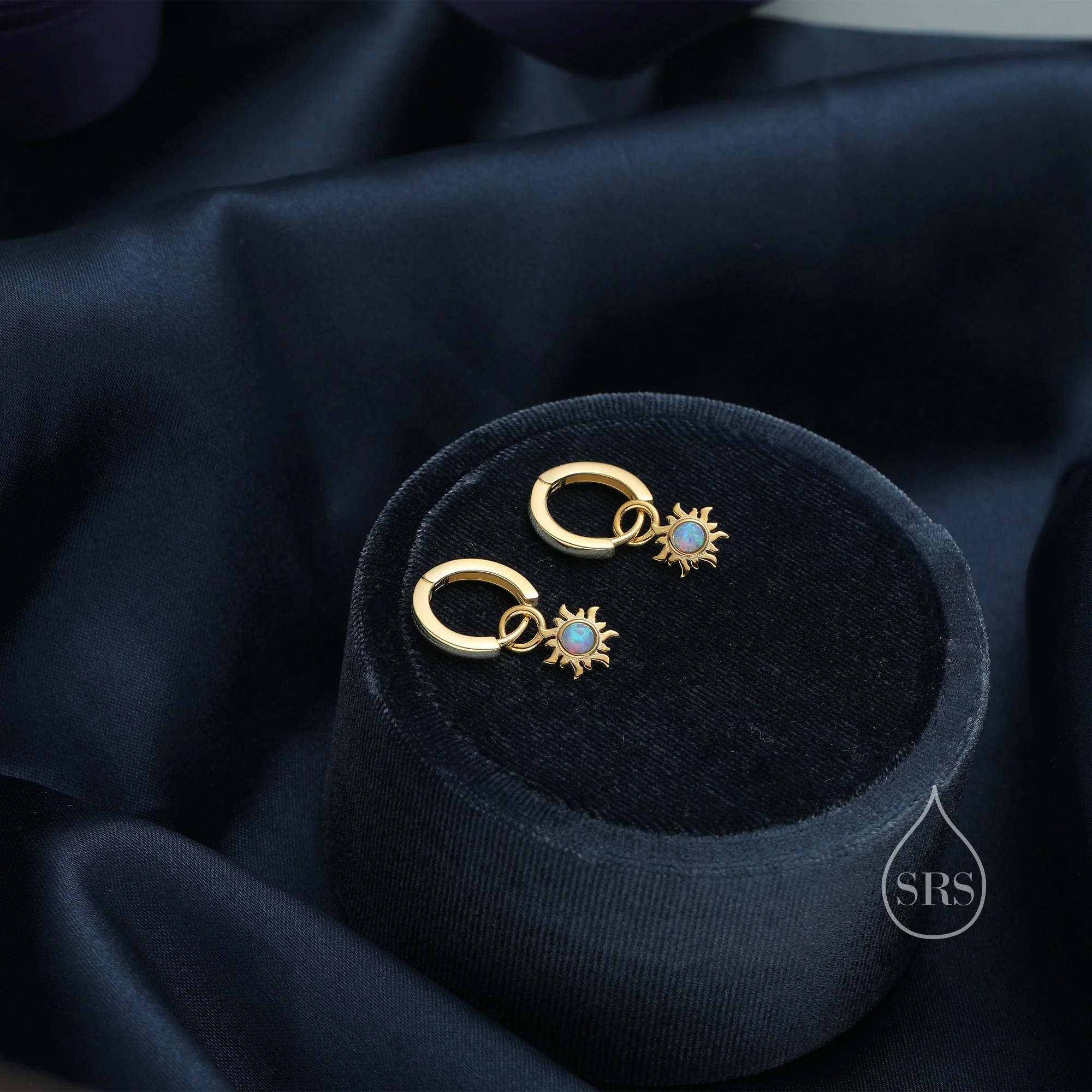 Blue Opal Sun Dangle Huggie Hoop Earrings in Sterling Silver, Silver or Gold, Sun Earrings, Celestial Earrings, Detachable Blue Opal Sun - Image 8