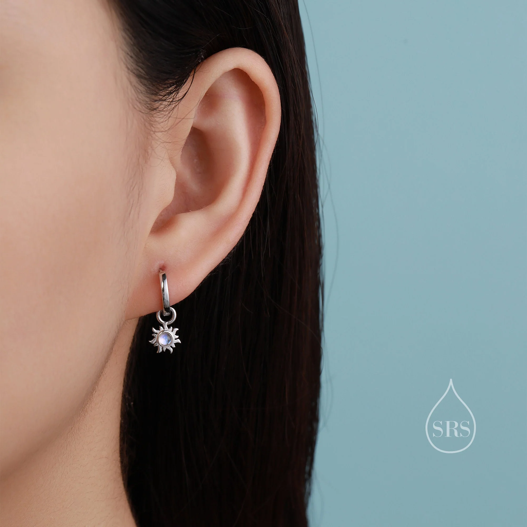 Blue Opal Sun Dangle Huggie Hoop Earrings in Sterling Silver, Silver or Gold, Sun Earrings, Celestial Earrings, Detachable Blue Opal Sun - Image 9