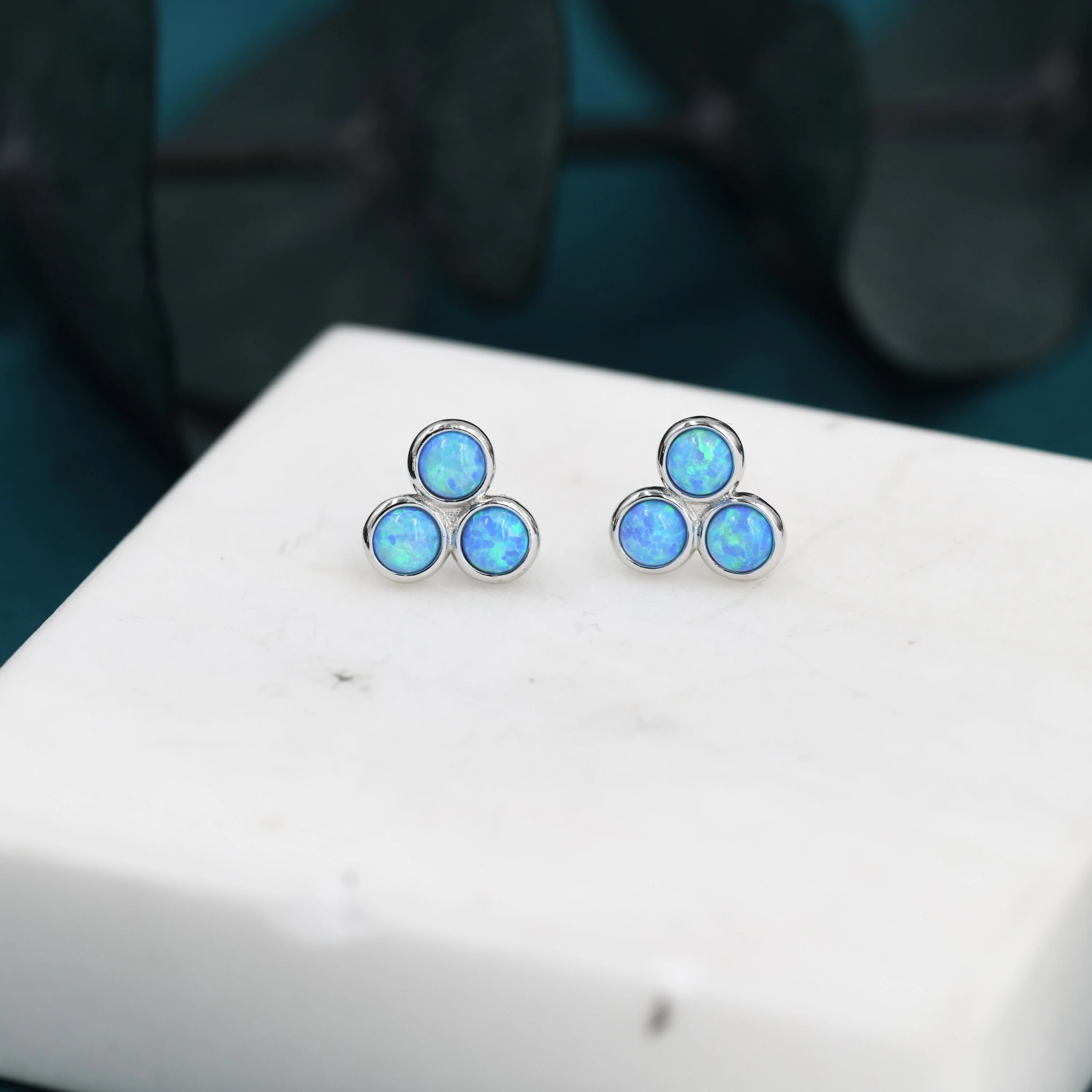 Blue Opal Trio Dot Circle Stud Earrings in Sterling Silver - Silver or Gold - Geometric Minimalist , Fire Opal Trio Earrings, Three Opals - Image 4