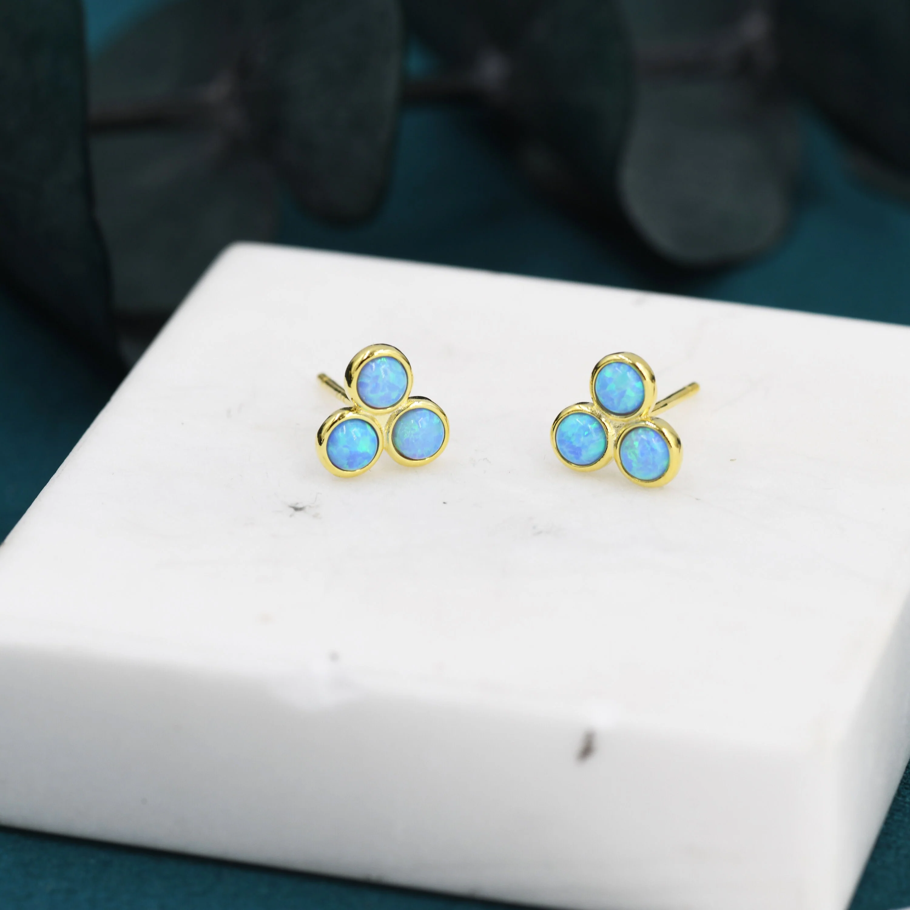 Blue Opal Trio Dot Circle Stud Earrings in Sterling Silver - Silver or Gold - Geometric Minimalist , Fire Opal Trio Earrings, Three Opals - Image 6