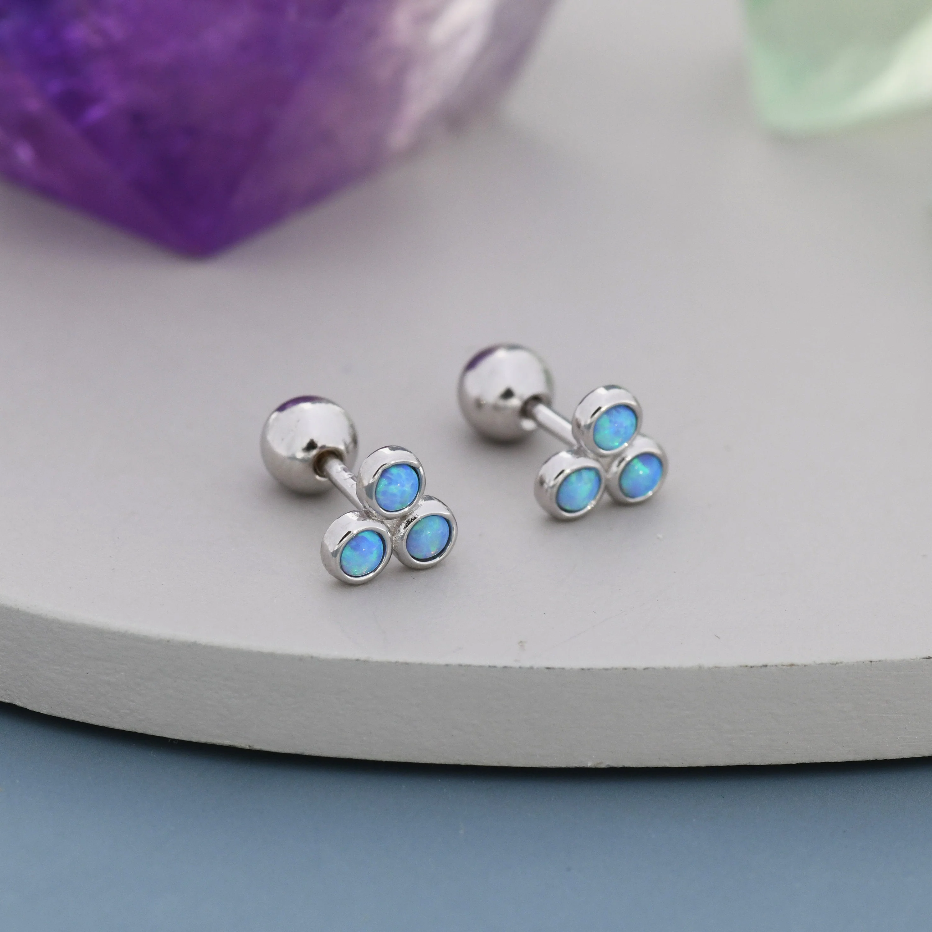 Blue Opal Trio Screw back Earrings in Sterling Silver, Silver or Gold, Opal Trinity Earrings, Screwback Barbell - Image 2