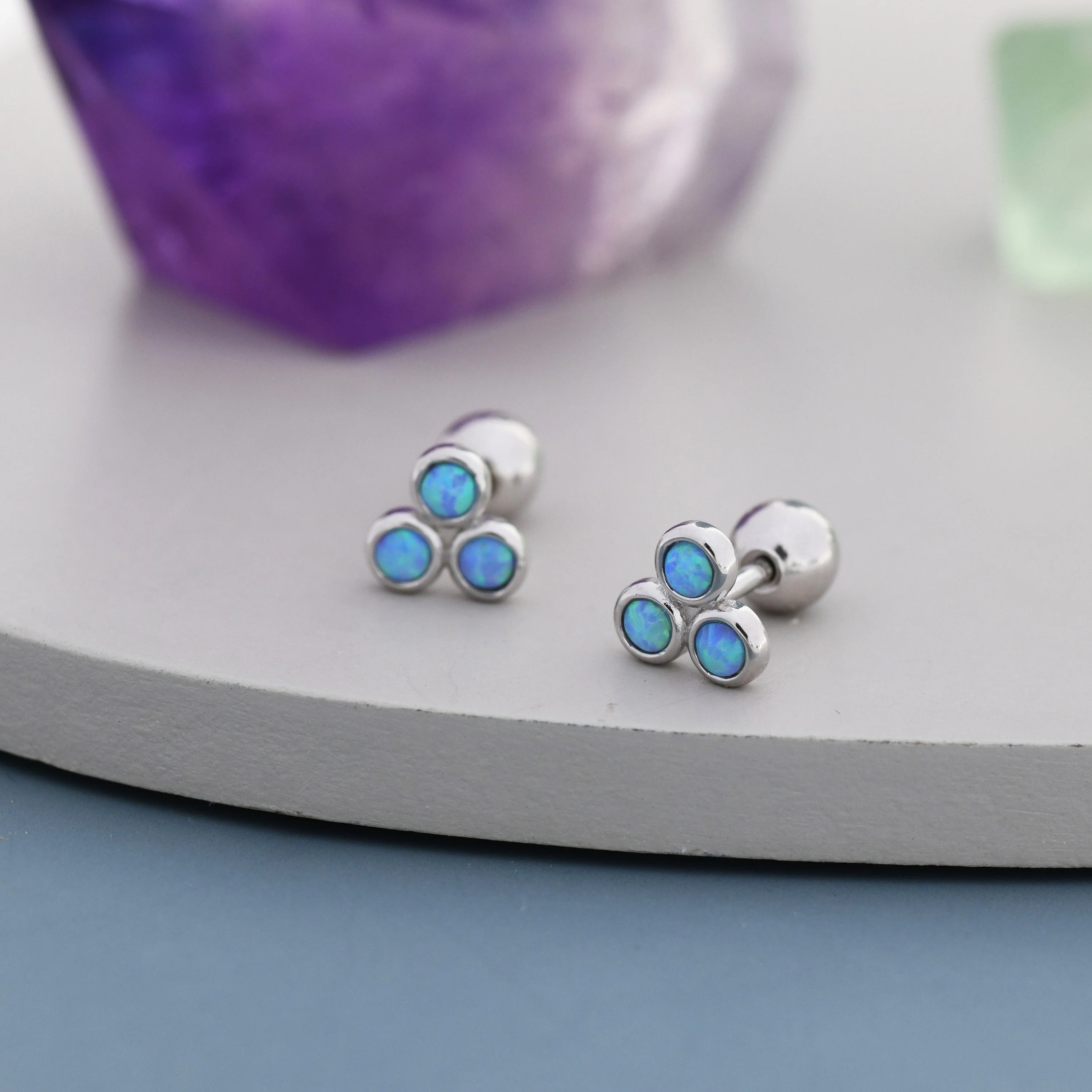 Blue Opal Trio Screw back Earrings in Sterling Silver, Silver or Gold, Opal Trinity Earrings, Screwback Barbell - Image 3