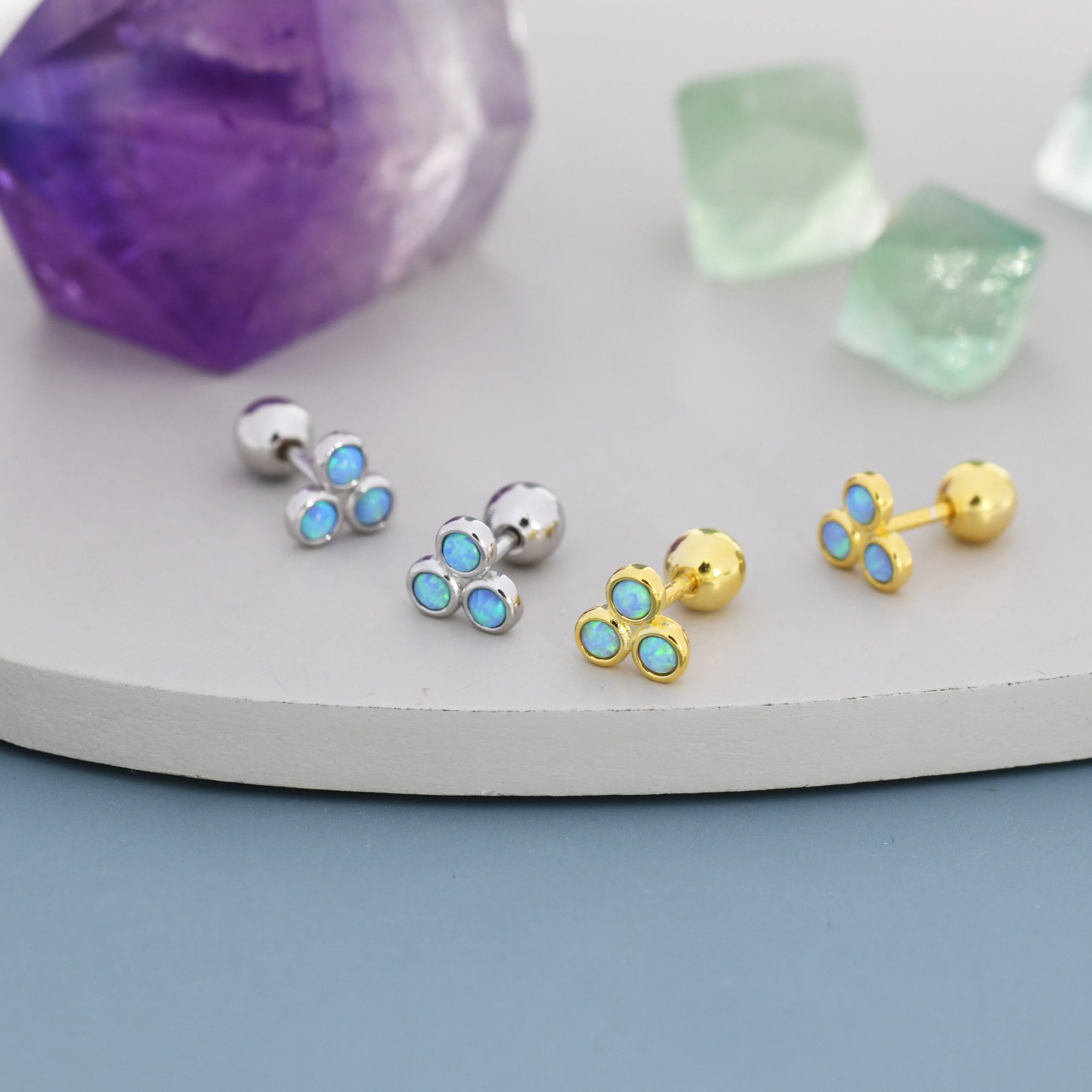 Blue Opal Trio Screw back Earrings in Sterling Silver, Silver or Gold, Opal Trinity Earrings, Screwback Barbell - Image 4
